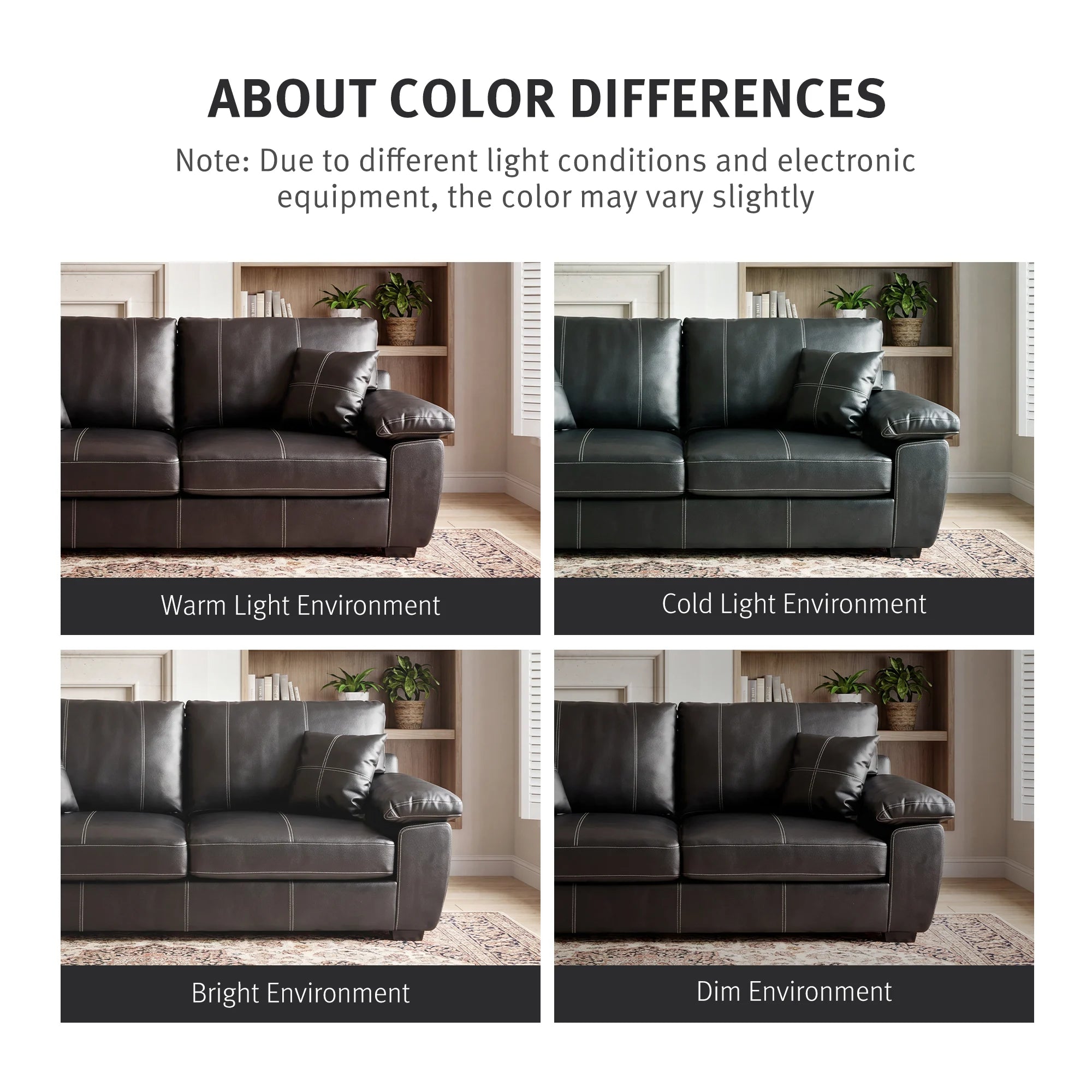 Black leather-look loveseat color comparison with different lighting views