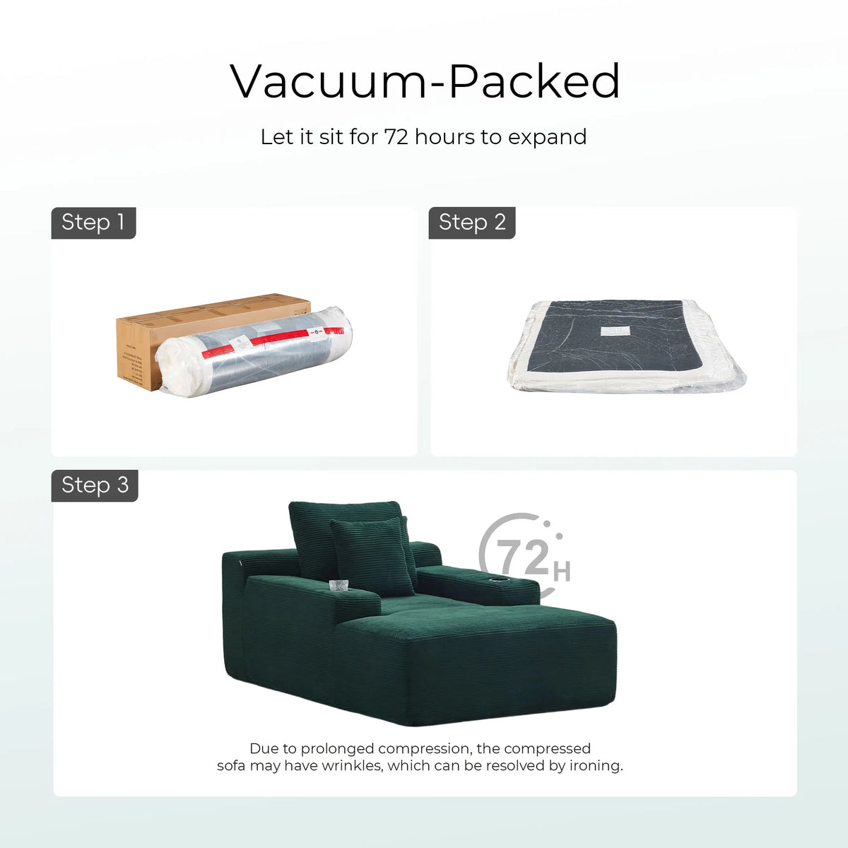 Vacuum-compressed single sofa, green upholstery packed with folded cushions