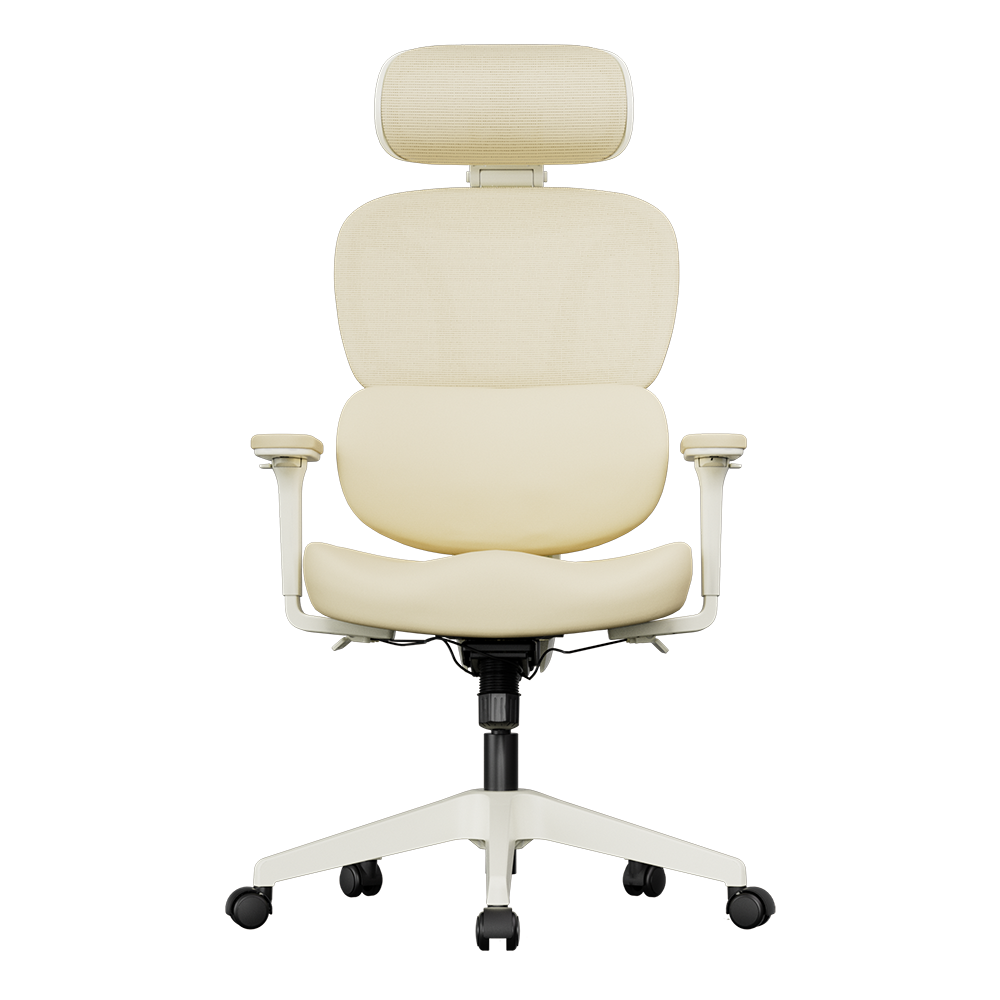 Cream ergonomic office chair with padded headrest, curved seat, five-star base and wheels