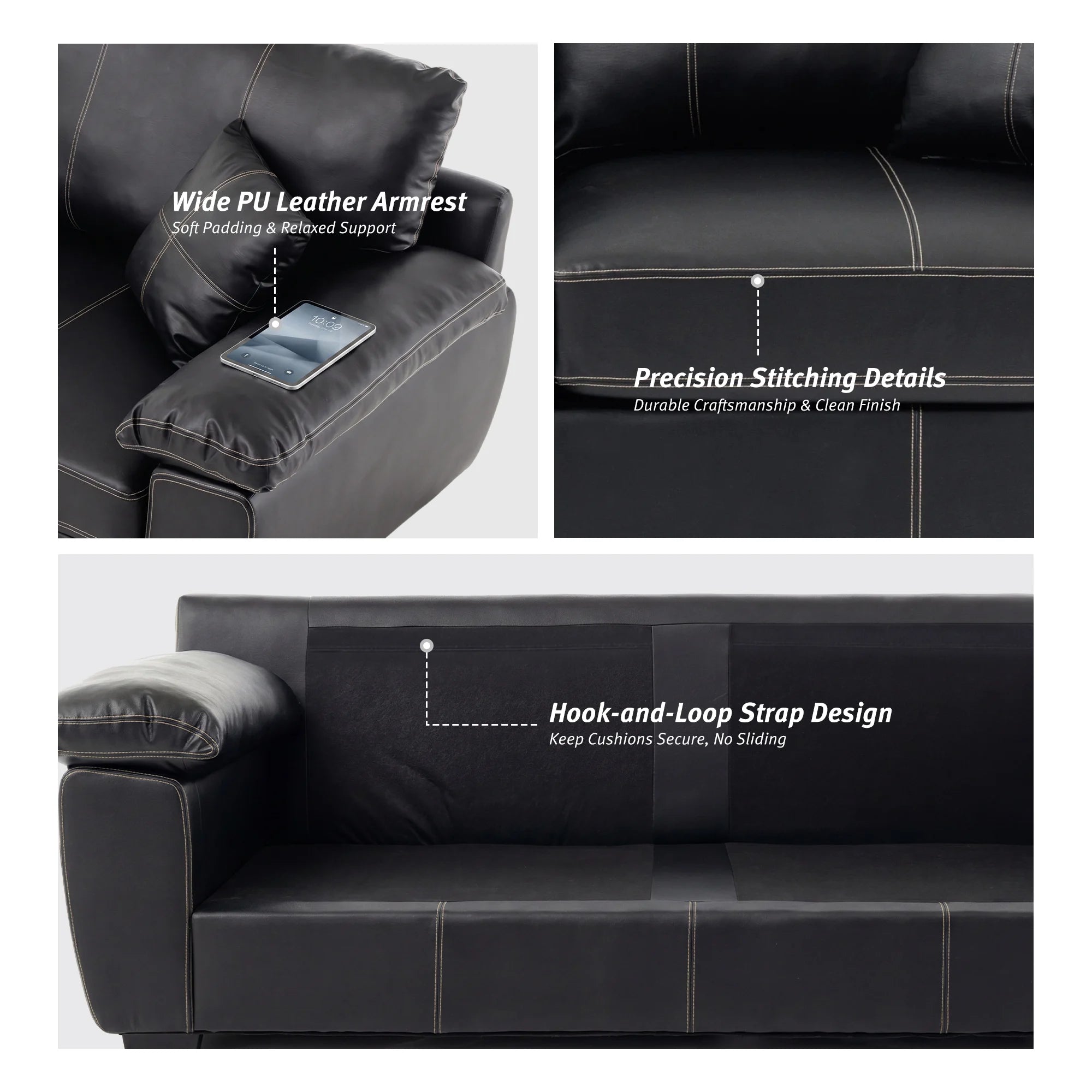 Black leather-look loveseat armrest and stitching details with hook-and-loop strap design