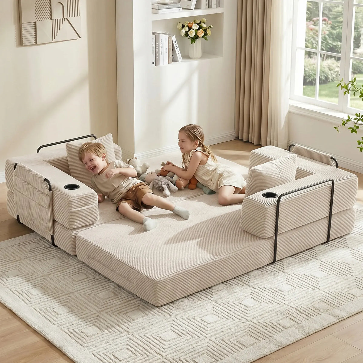 Cream modular sofa with two side storage compartments and black handle details
