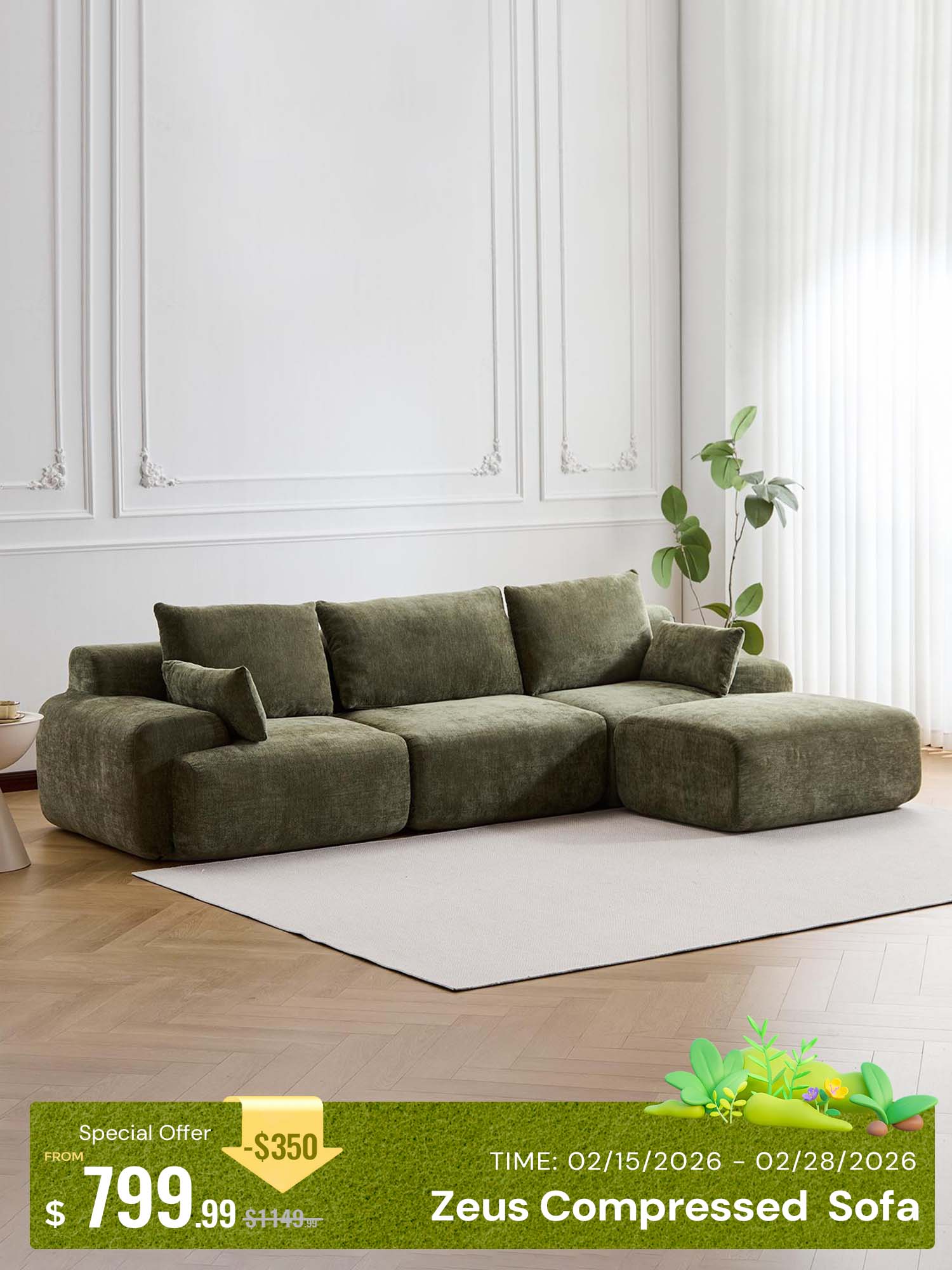 Zeus Compressed Sectional Sofa with Ottoman