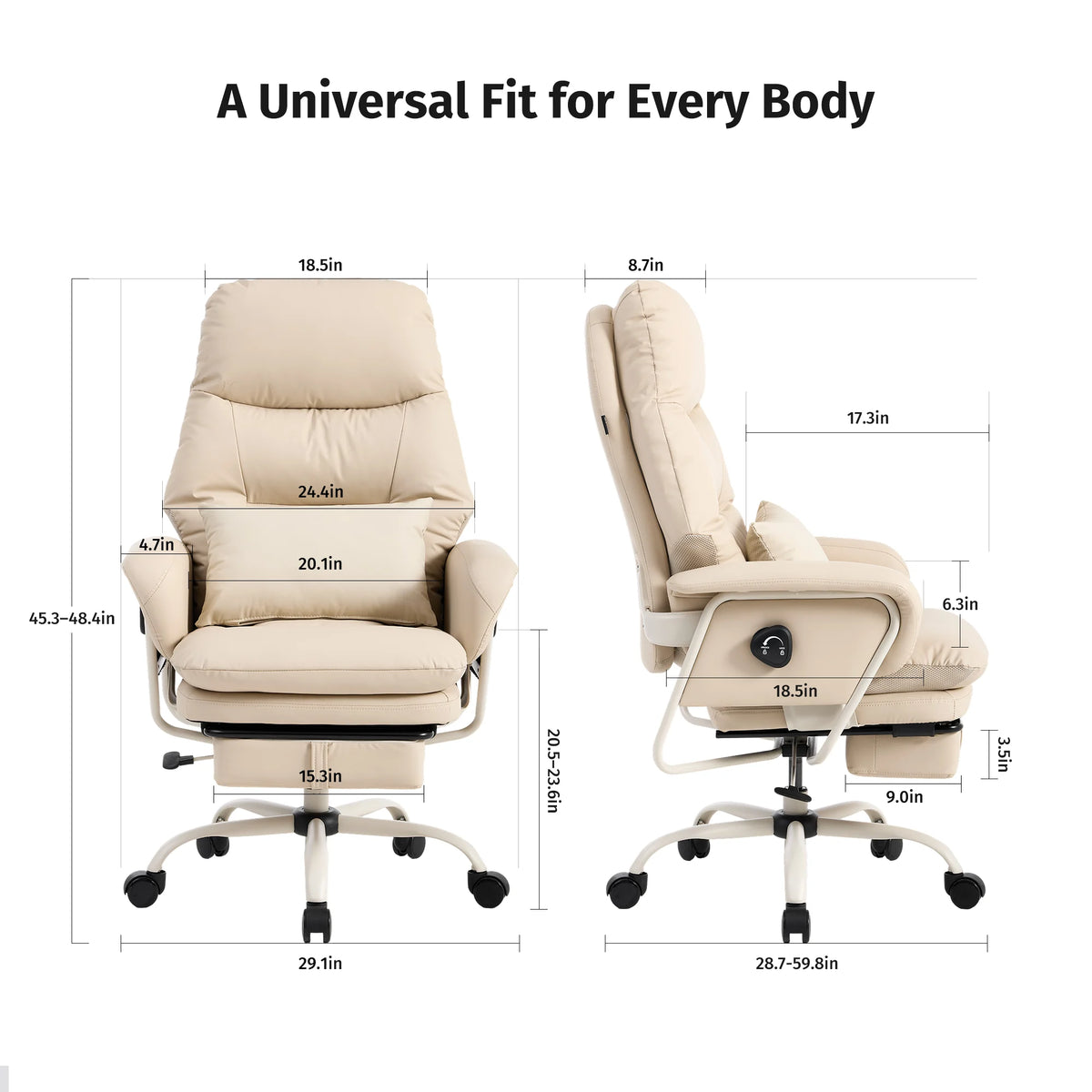 Beige ergonomic leather recliner chair with deep reclining back and swivel base