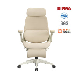 Cream ergonomic office chair with padded headrest and flip-up armrests, rolling base