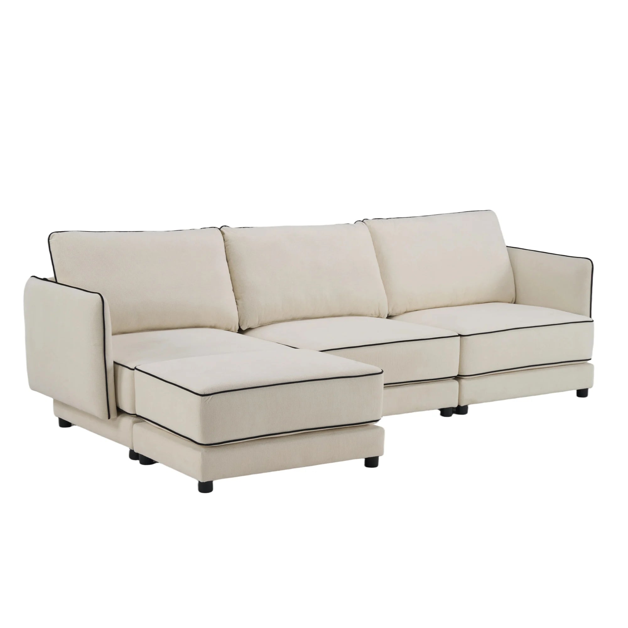Cream sectional sofa with chaise, piped edges, three-seat back cushions