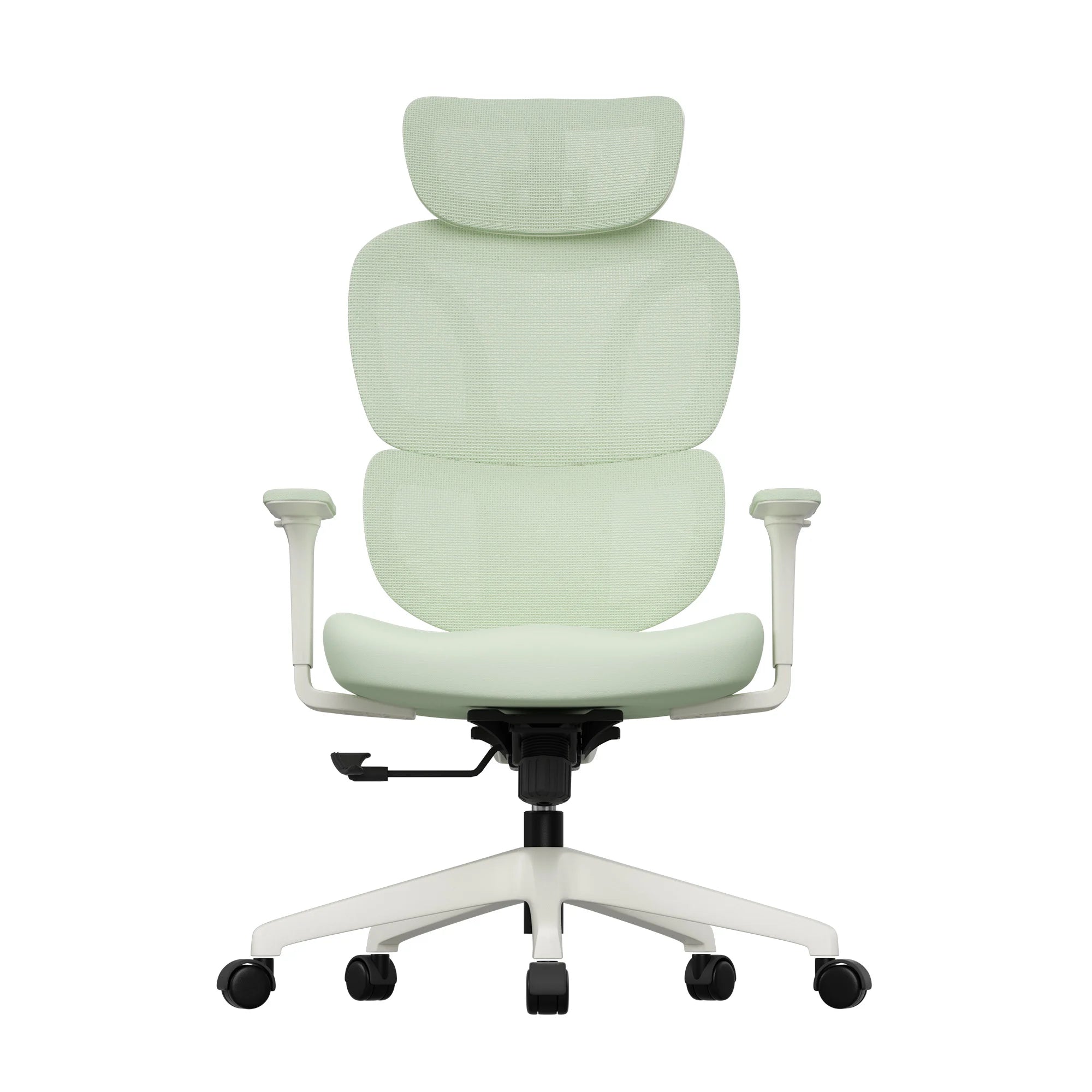 Light green office chair with padded headrest and seat, white base with casters
