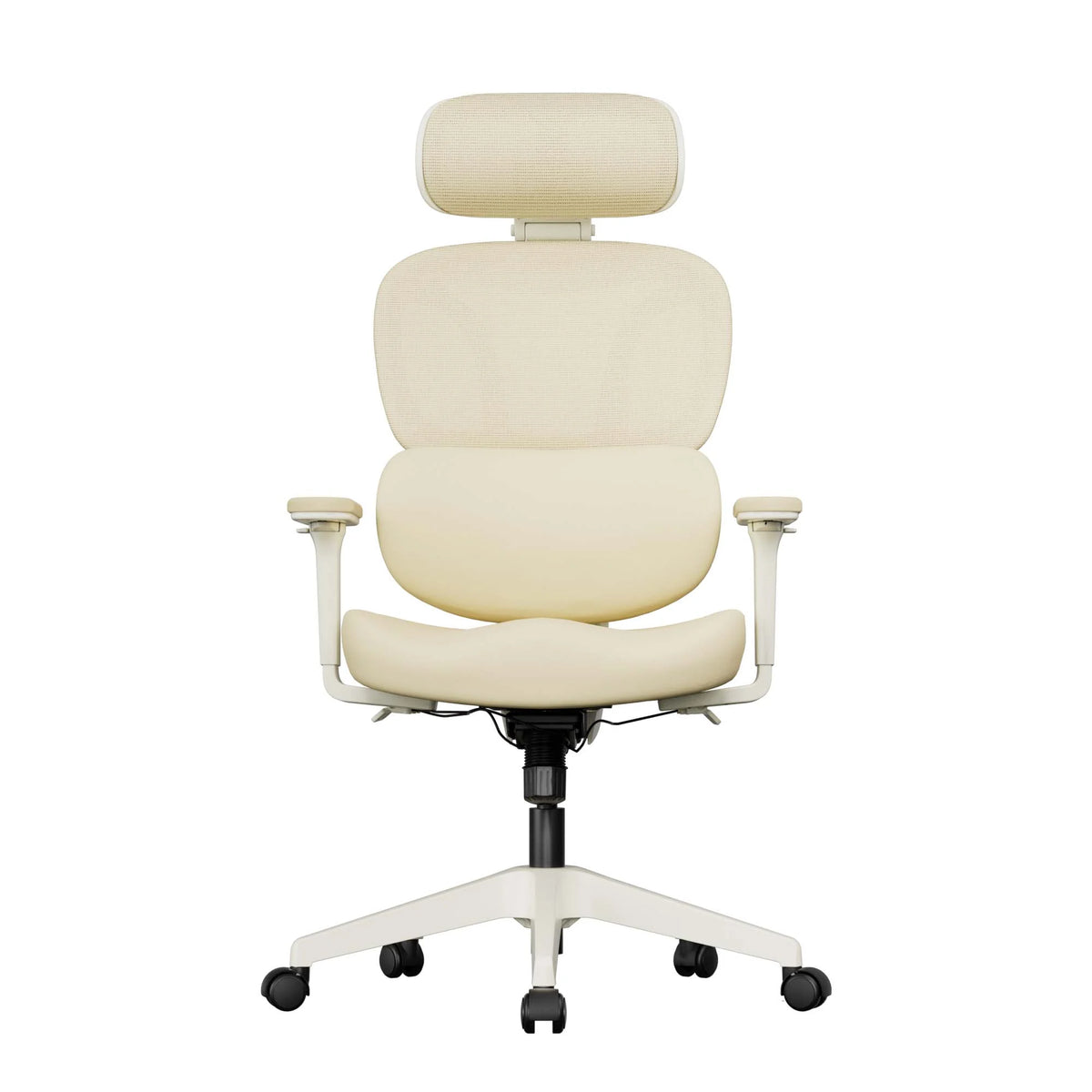 Cream upholstered office chair with headrest and armrests on a white five-caster base.