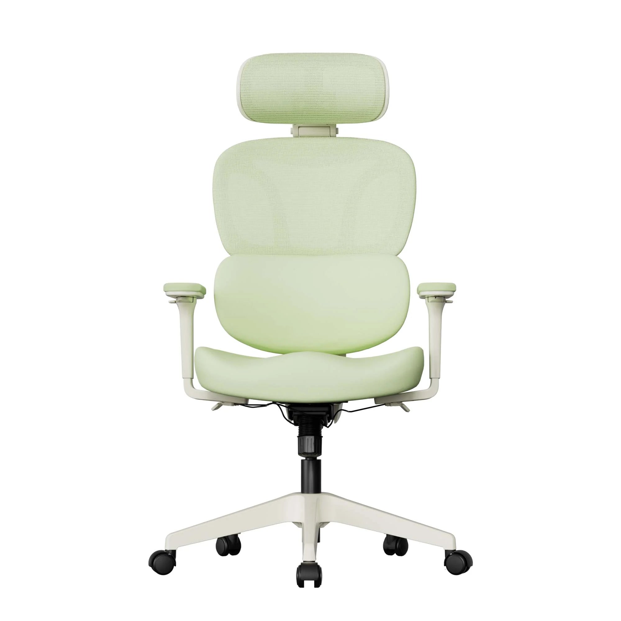Green ergonomic office chair with padded headrest, seat, armrests, and caster wheels