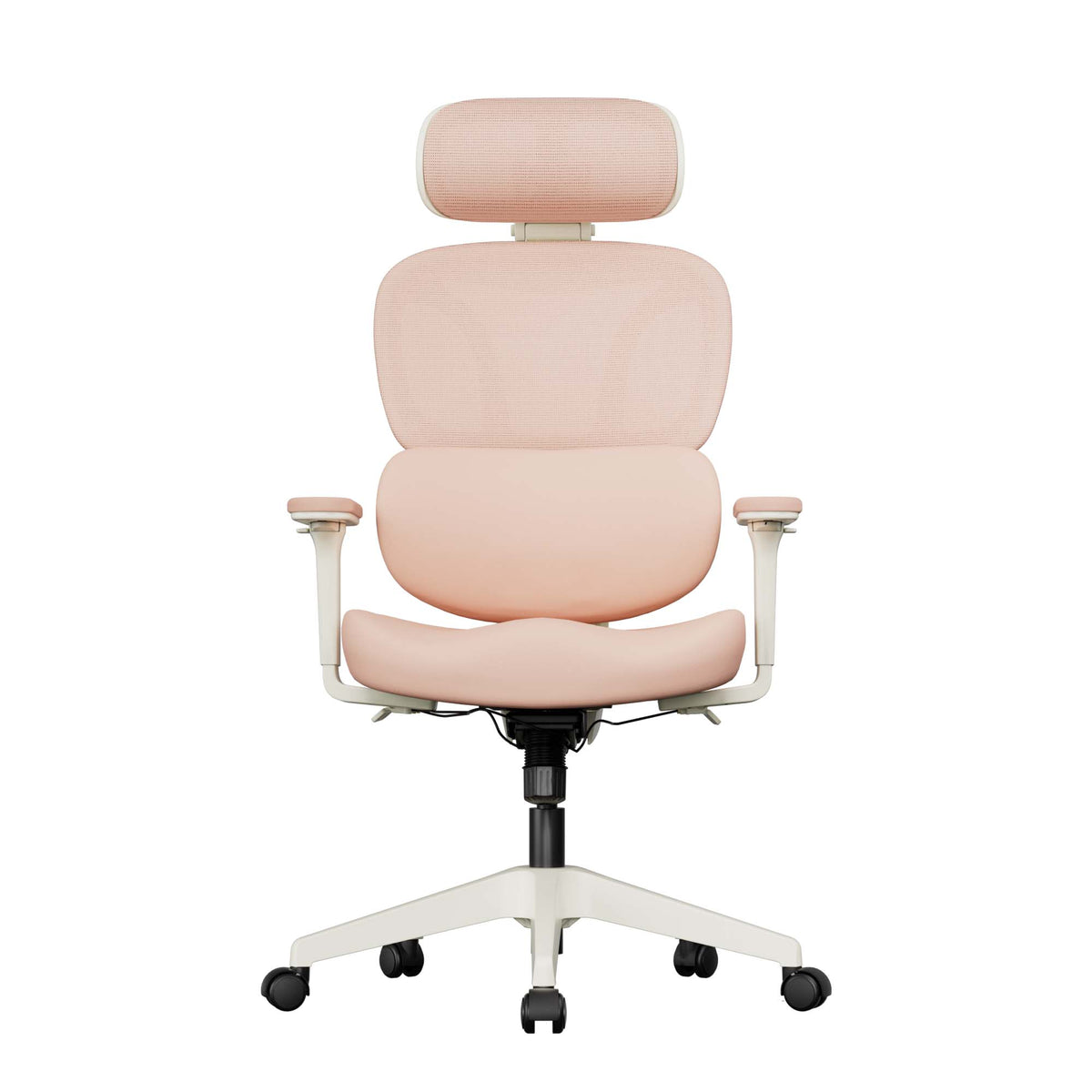 Cream office chair with headrest, cushioned seat, and caster wheels base