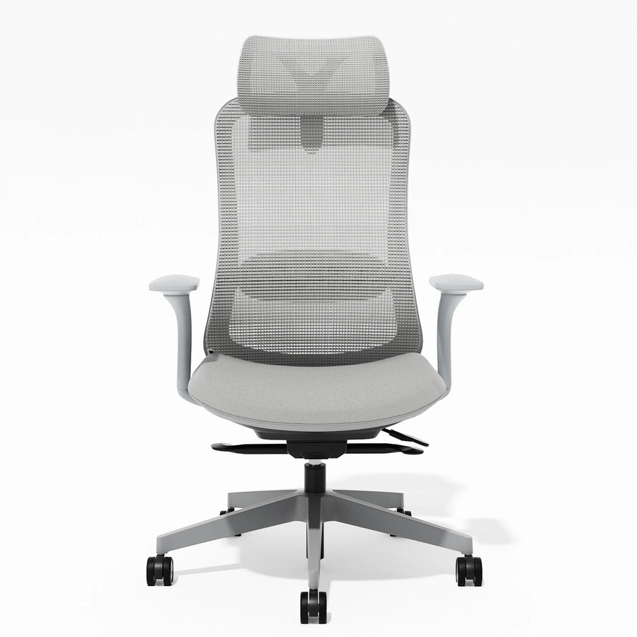 Office chair with arched mesh backrest, headrest, and gray cushioned seat