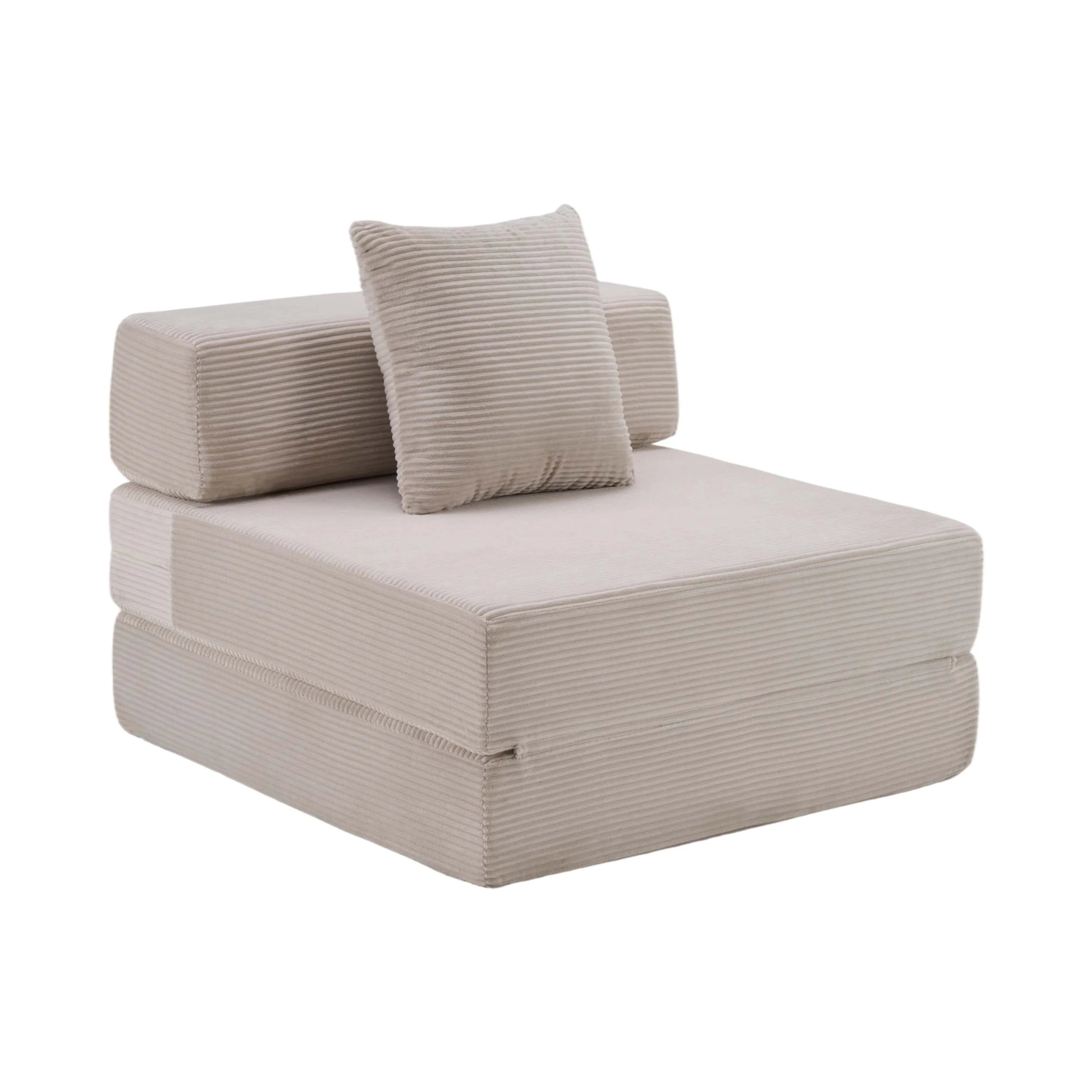Compressed modular sofa bed, single seat, light gray with two throw pillows