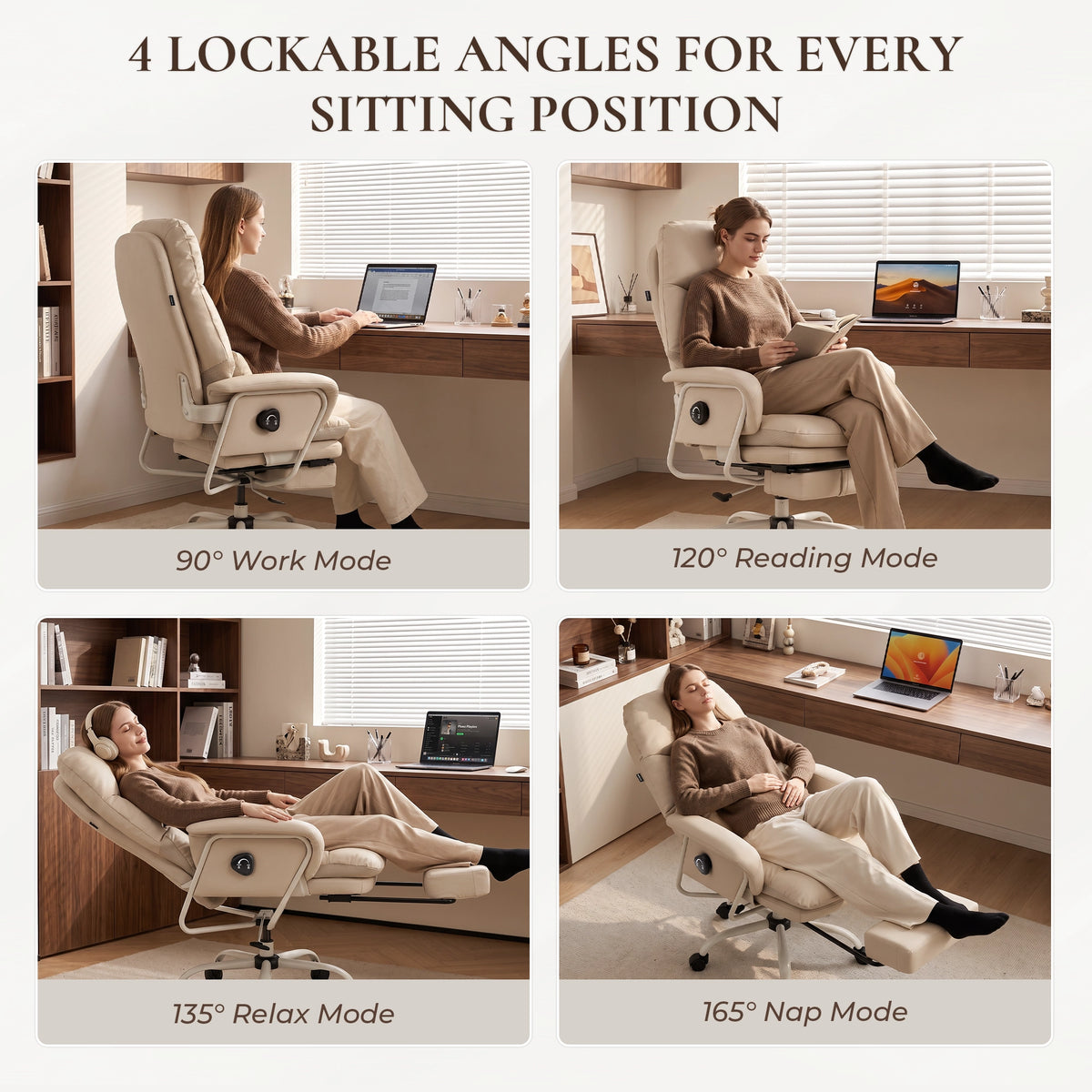 Beige ergonomic office chair shown in multiple recline and work positions.