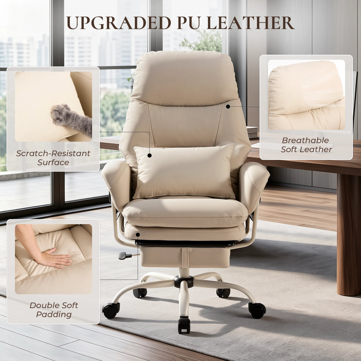 Beige ergonomic leather office chair with deep reclining back and padded seat.