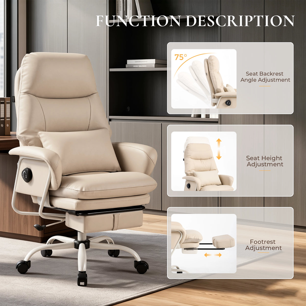 Beige ergonomic office chair with adjustable seat back angle and height controls.