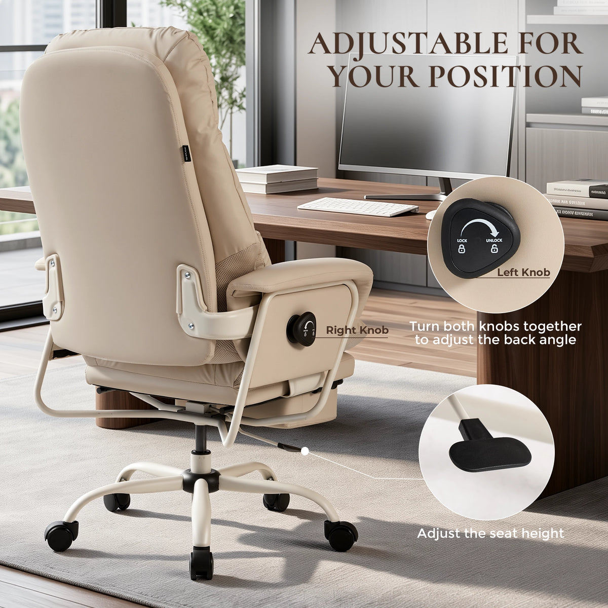 Beige ergonomic chair with armrests and control knobs for seat height adjustment.