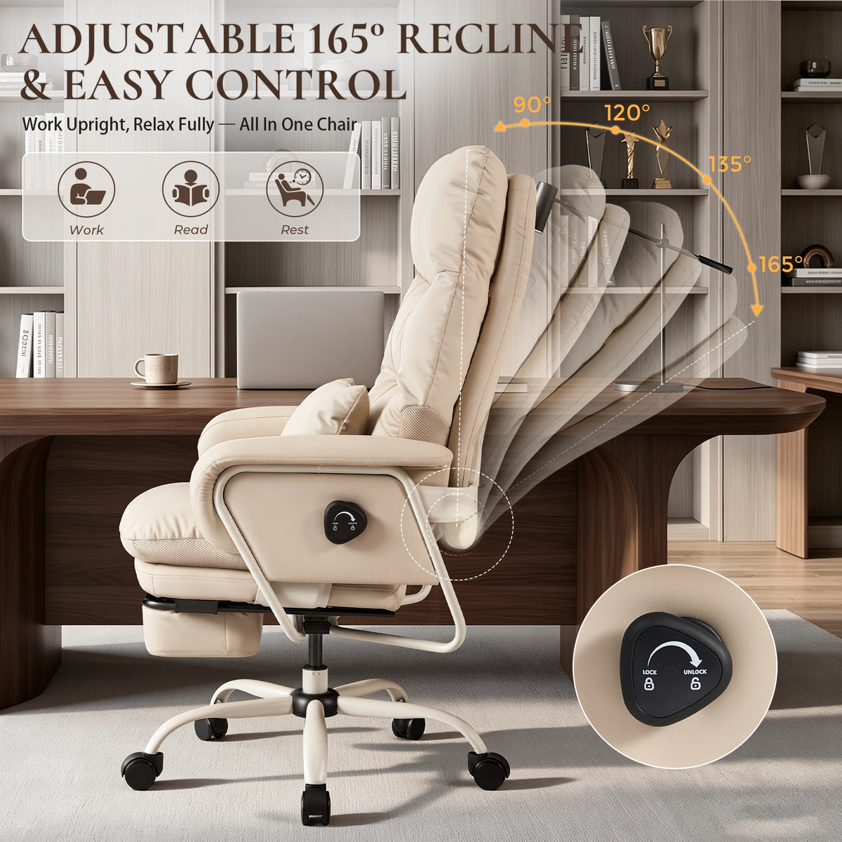 Beige ergonomic office chair reclining with adjustable back and footrest support.