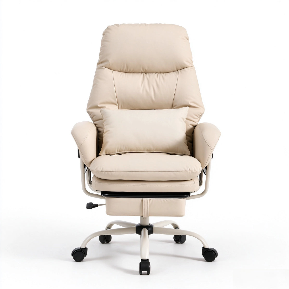 Beige leather ergonomic office chair, front view with deep seat pad and swivel base