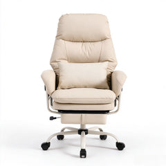 Beige leather ergonomic office chair, front view with deep seat pad and swivel base