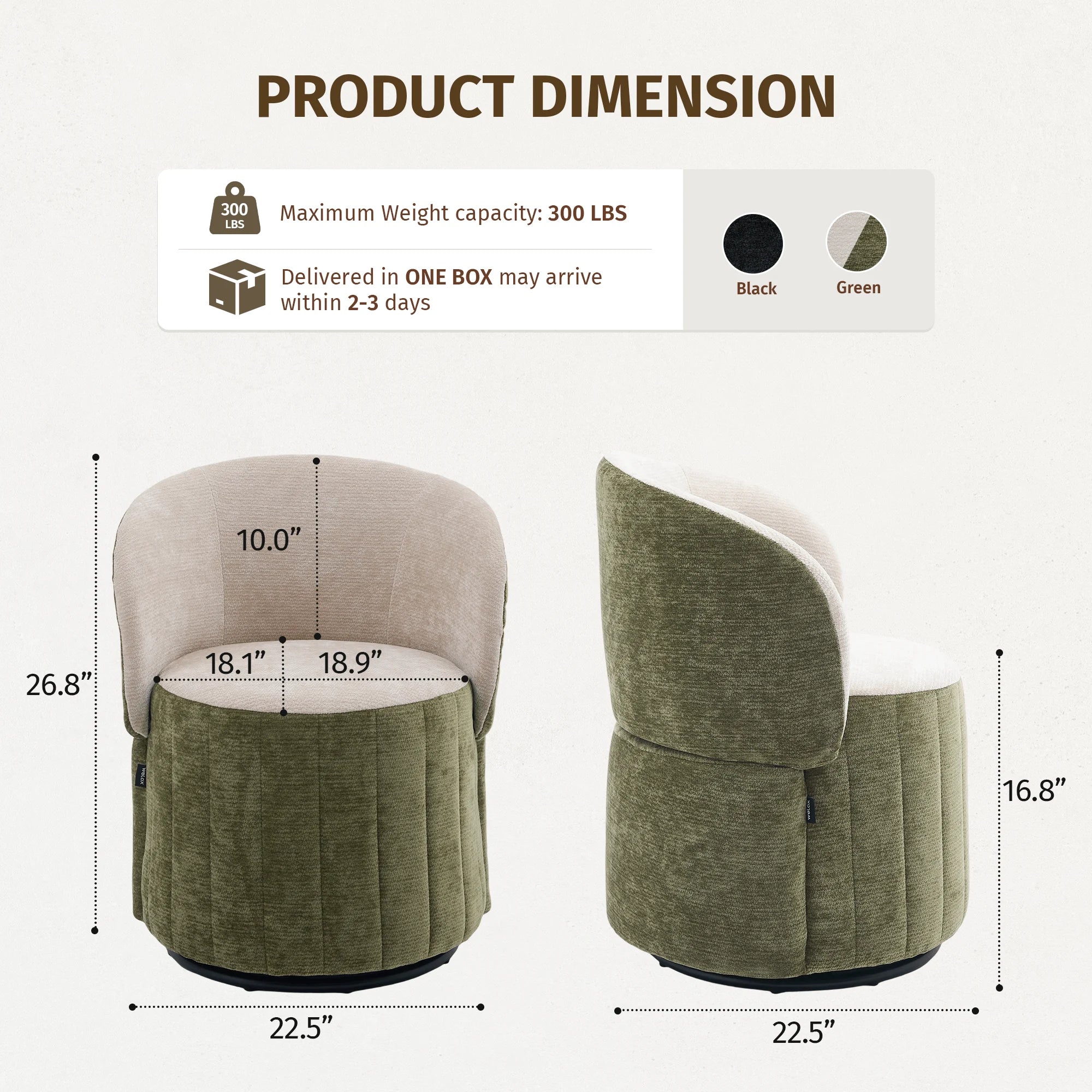 Green barrel accent chair with foldable-looking back and padded curved sides