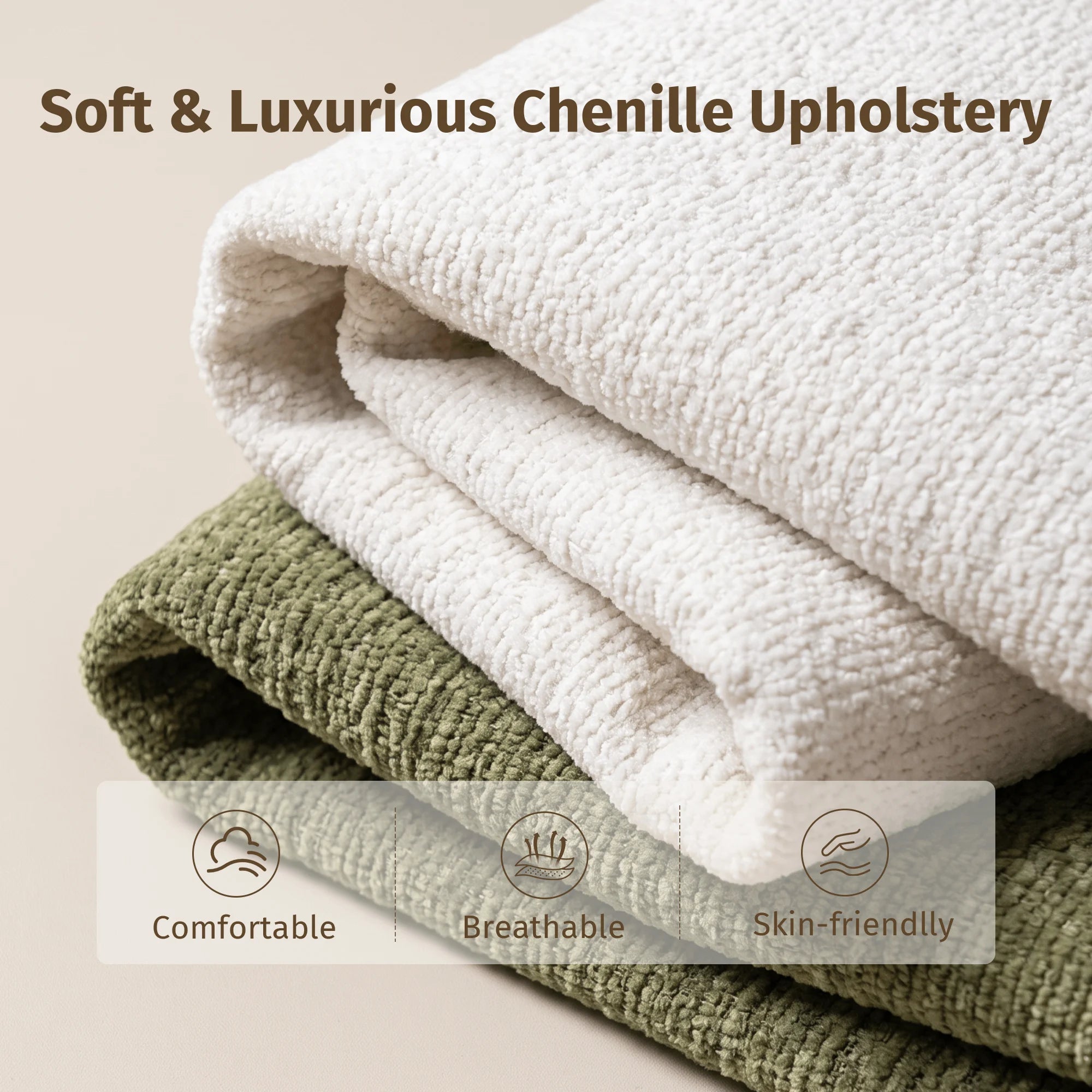 Green and beige chenille fabric swatches, textured and plush