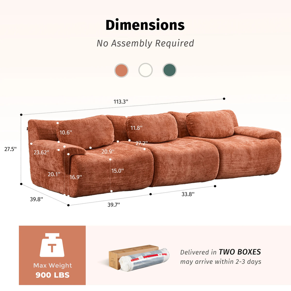 Wave-shaped compressed sectional sofa in orange, with rounded arms and cushioned seats
