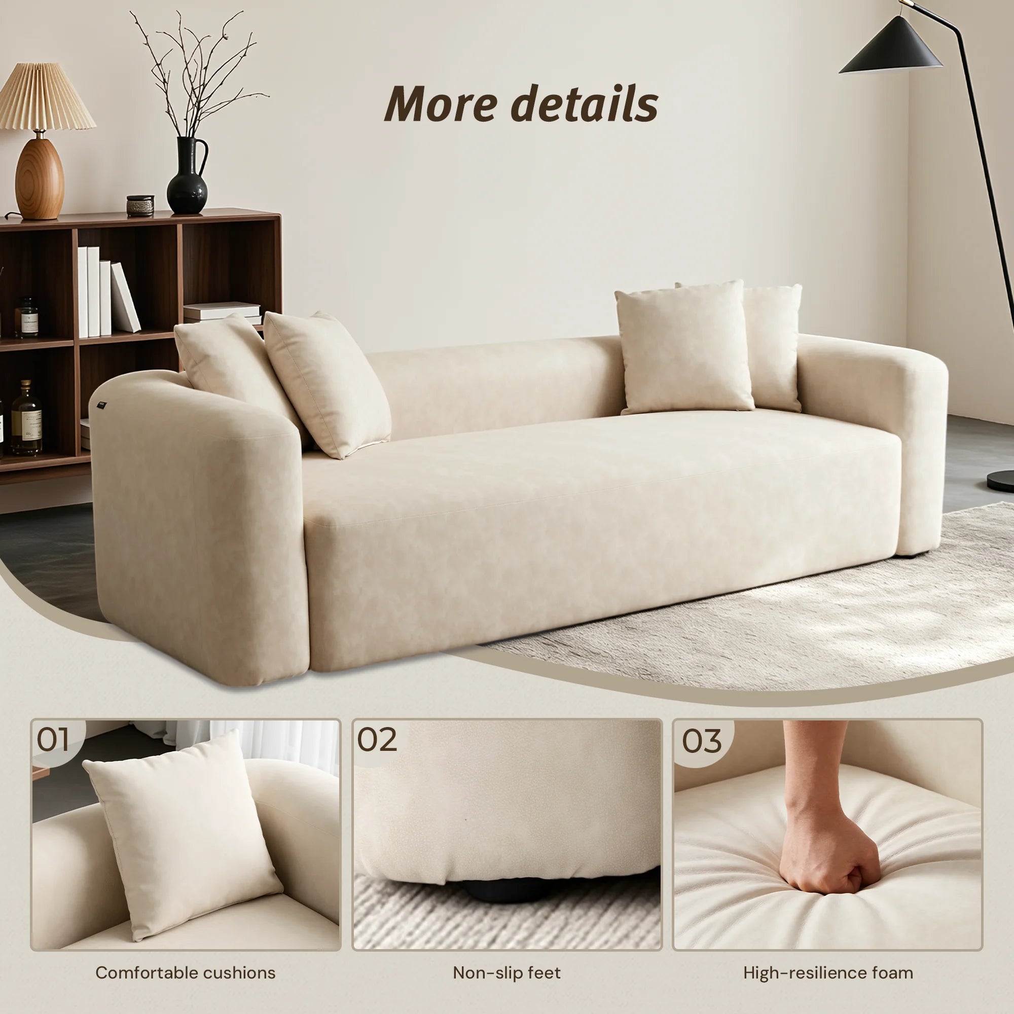 Cream minimal one-piece sofa with three seat cushions and two throw pillows