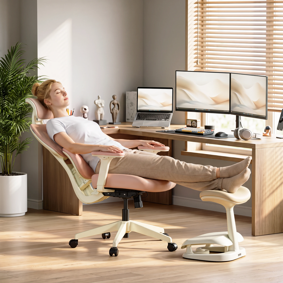 Cream Welax footrest supporting outstretched legs at a desk