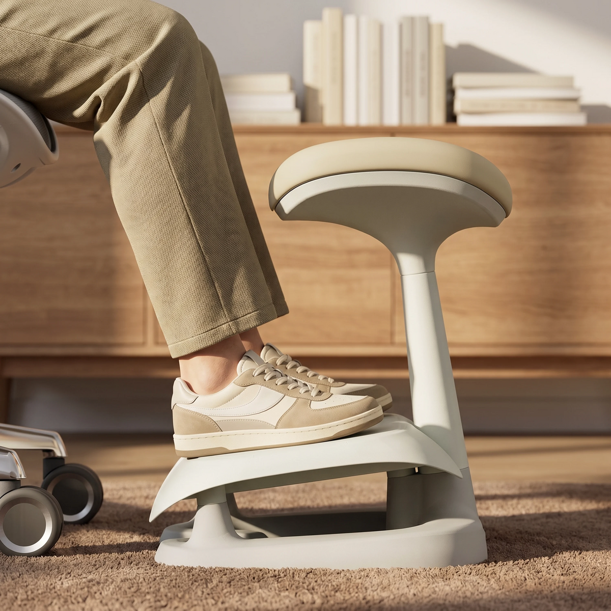 Cream Welax footrest supporting a shoe on its angled platform