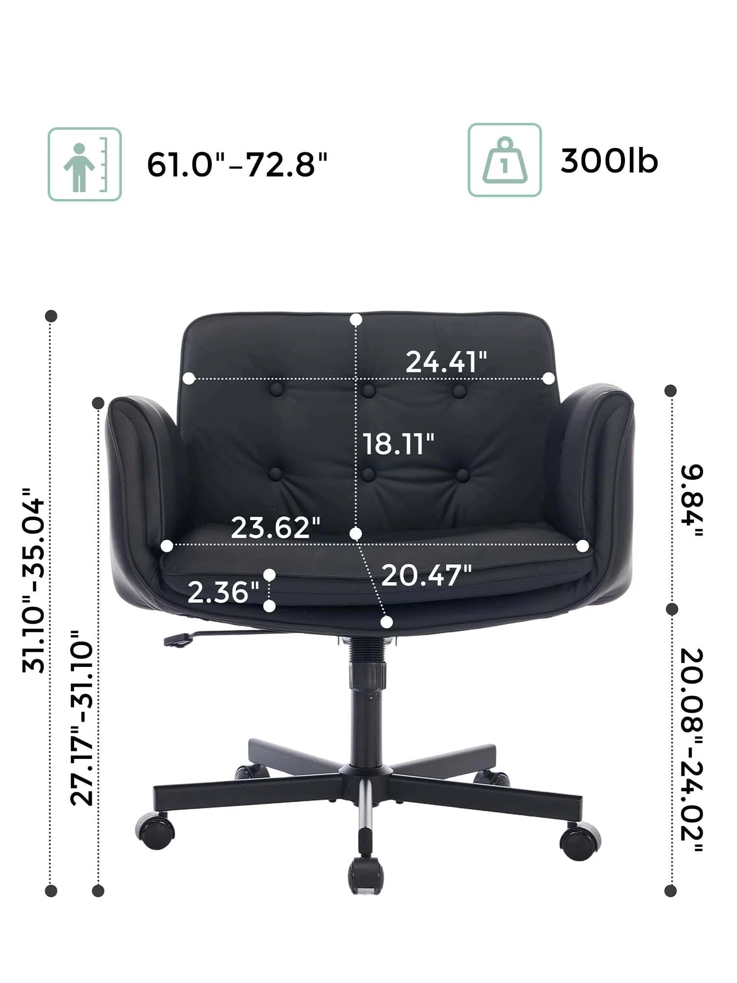 Dark upholstered office chair with size measurements overlay and swivel base