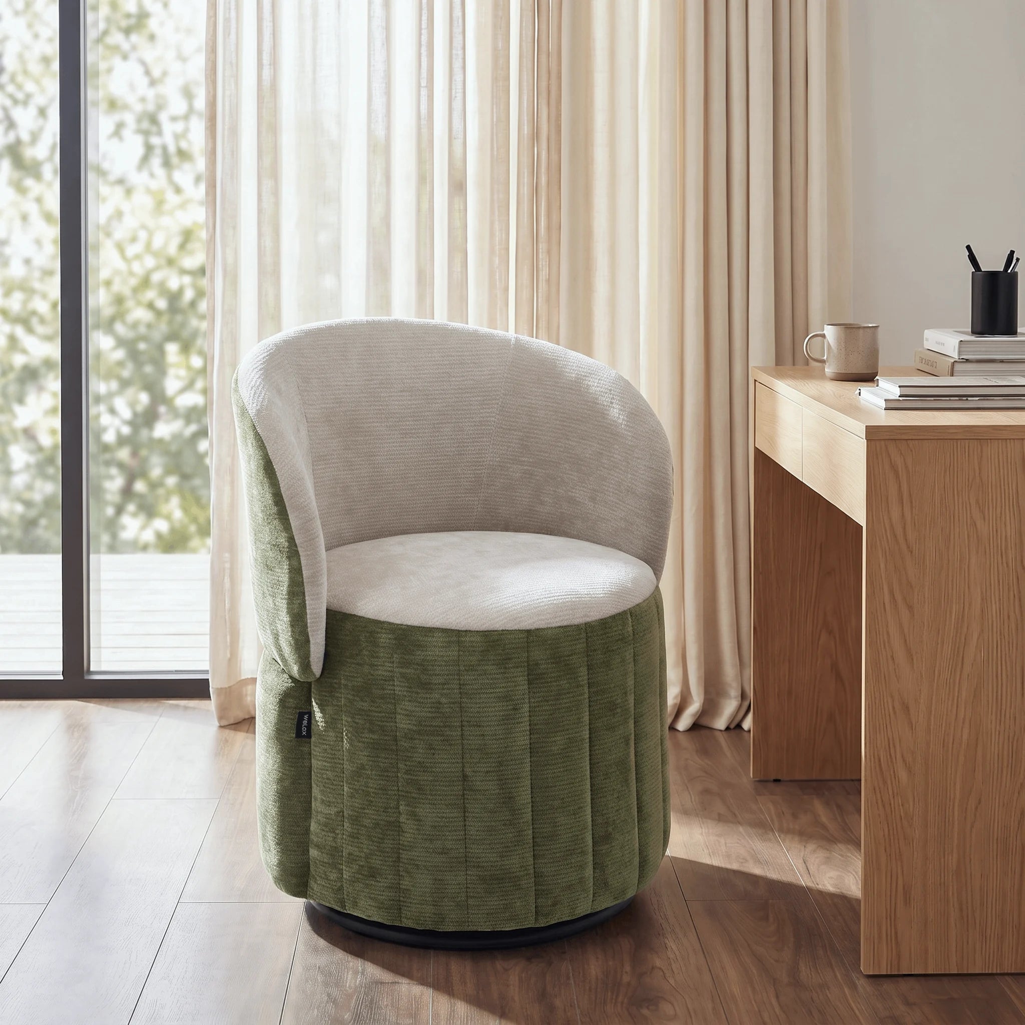Green barrel accent chair with beige seat and foldable backrest, round swivel base