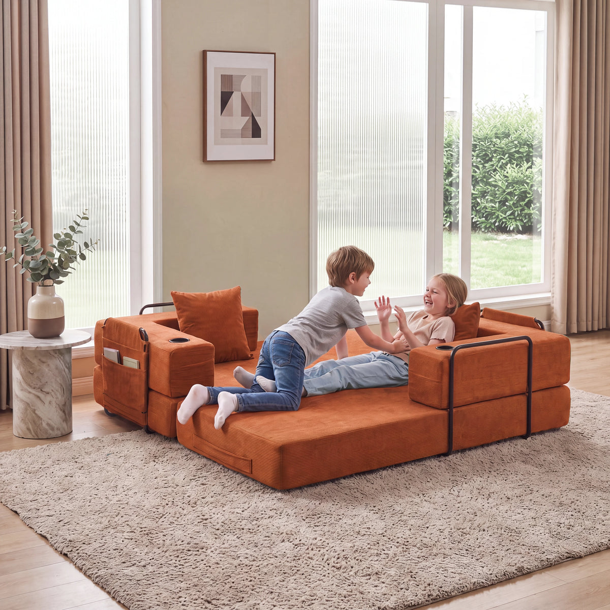 Orange modular sofa with padded seat, cube storage armrests, and two back cushions