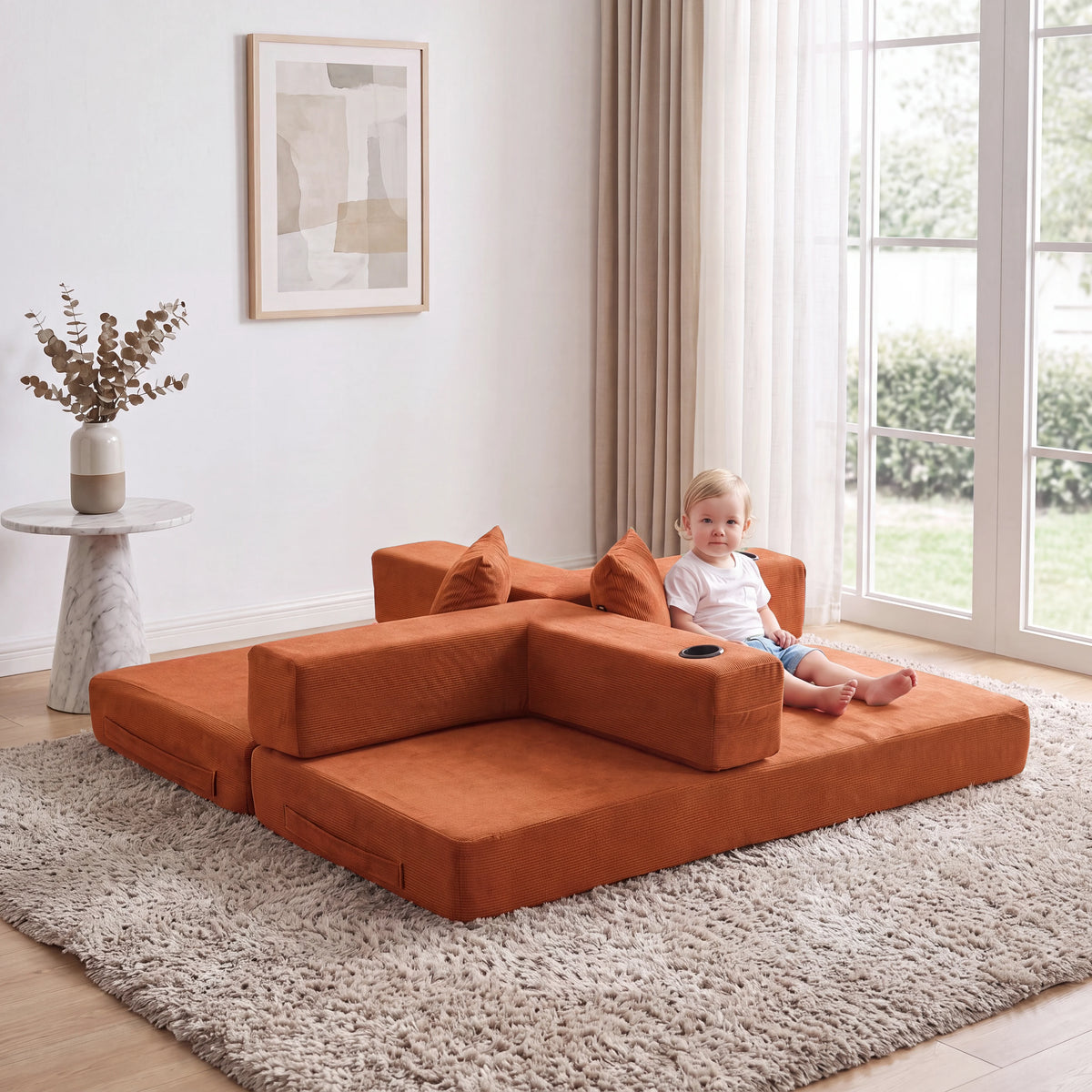 Orange modular L-shaped sofa with backrest cushions and padded storage blocks