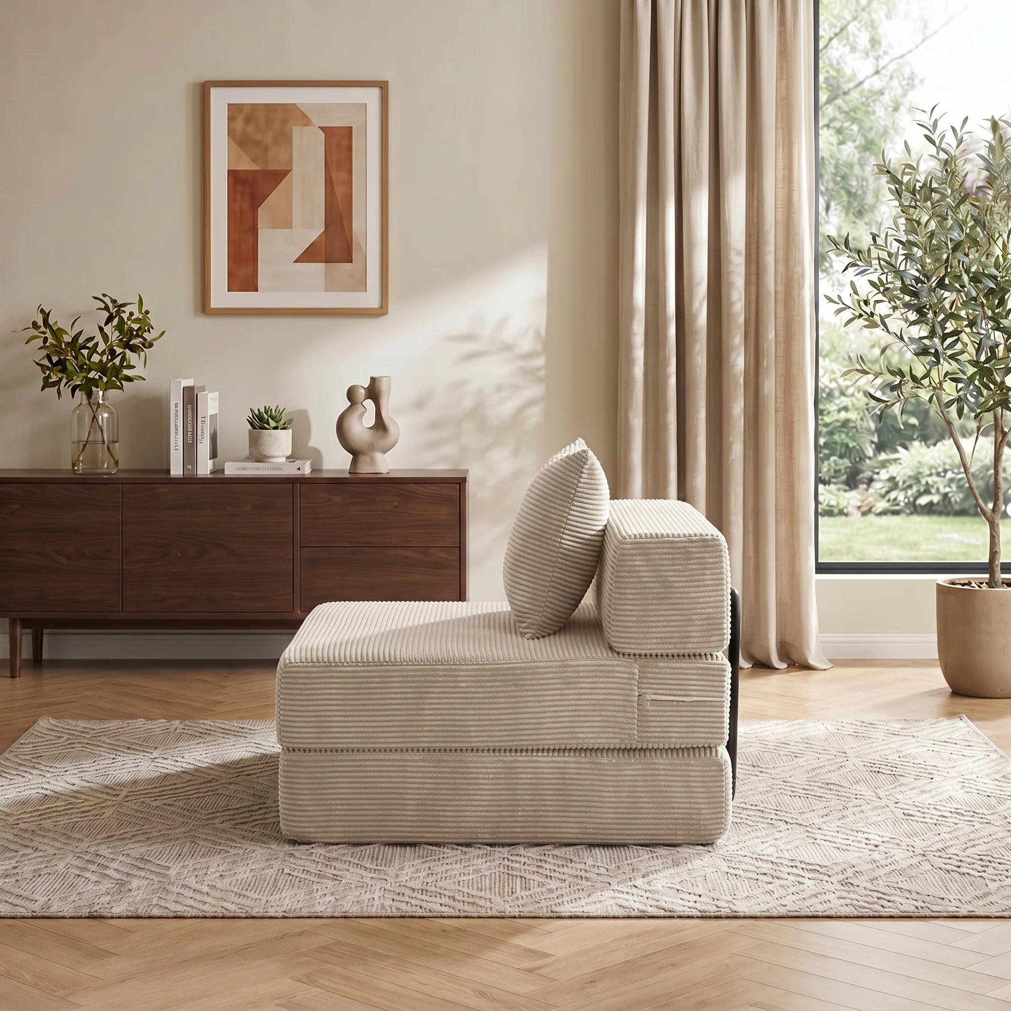 Single-seat sofa bed in light gray ribbed fabric, folded backrest upright