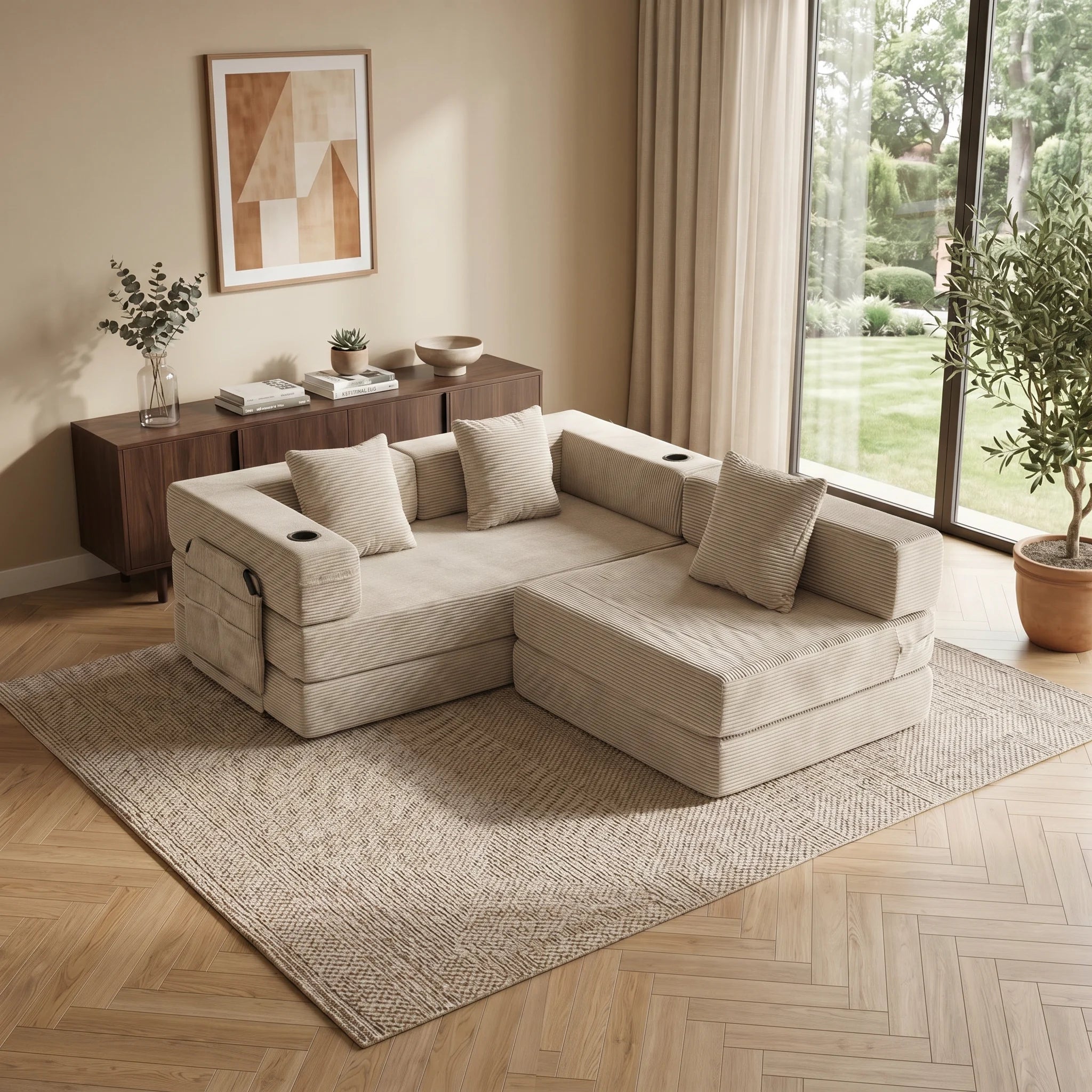 Light beige corduroy modular sectional sofa with corner chaise and throw pillows