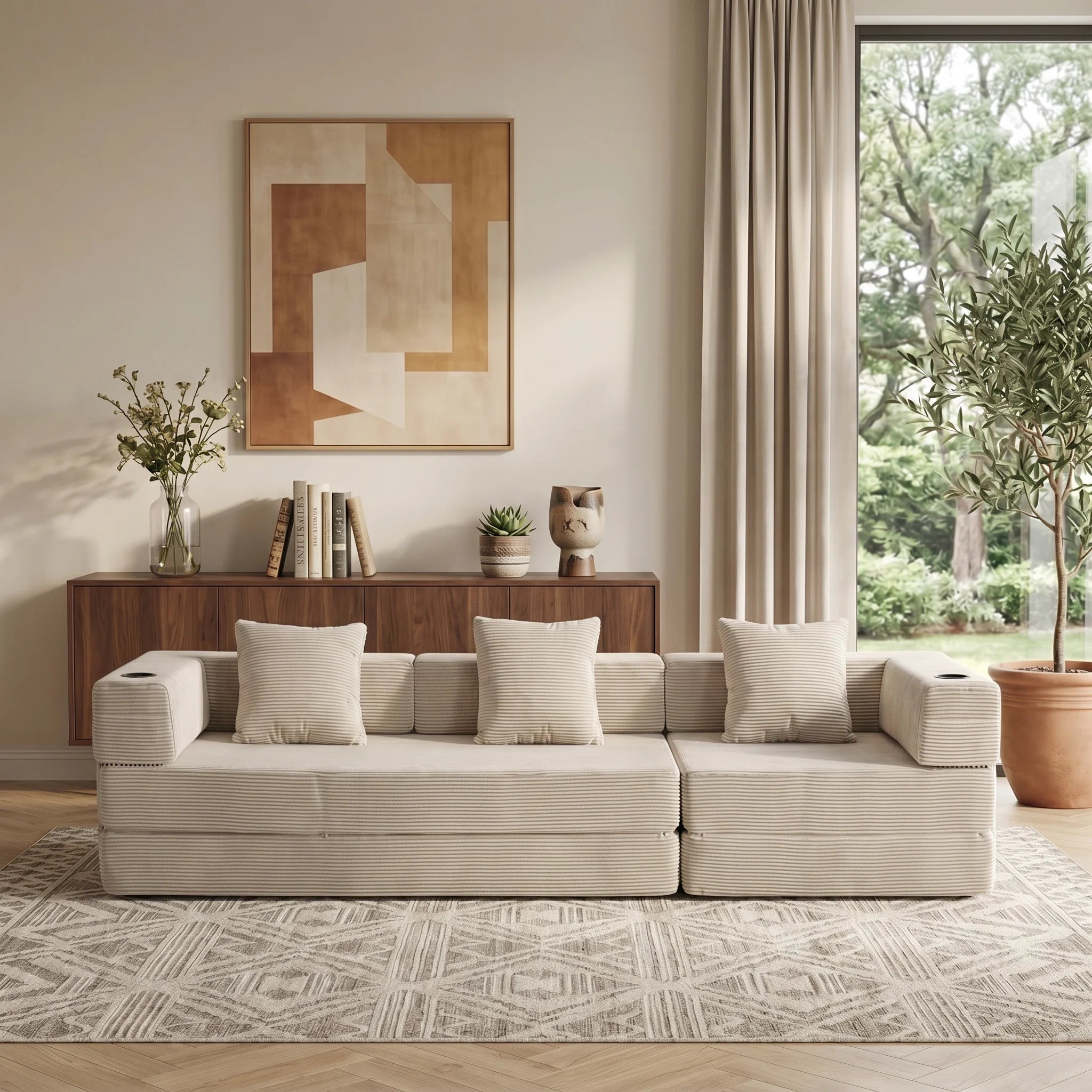 Light beige corduroy modular sectional sofa with cushions arranged around the corner