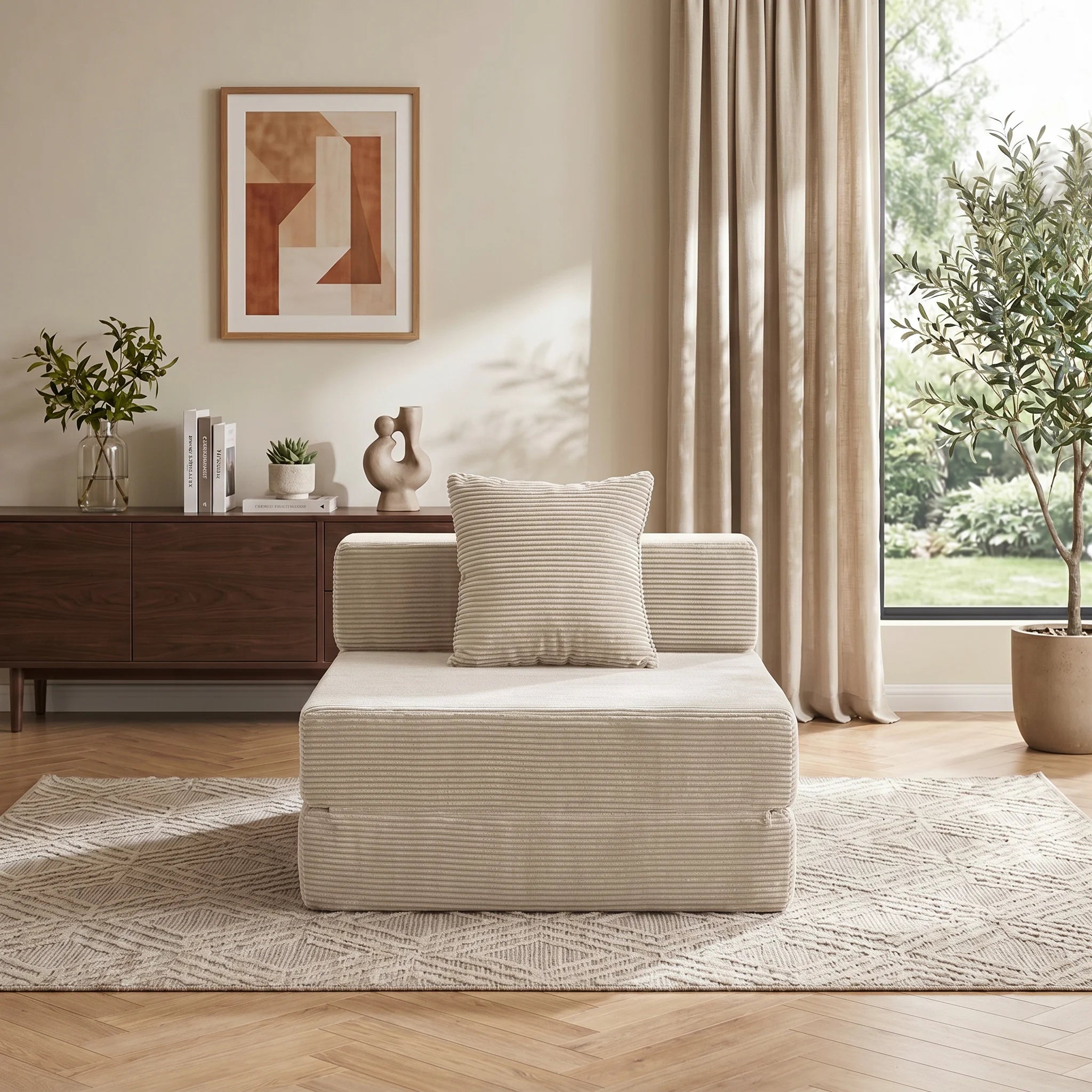 Single-seat sofa bed in light gray ribbed fabric, angled view with back cushion