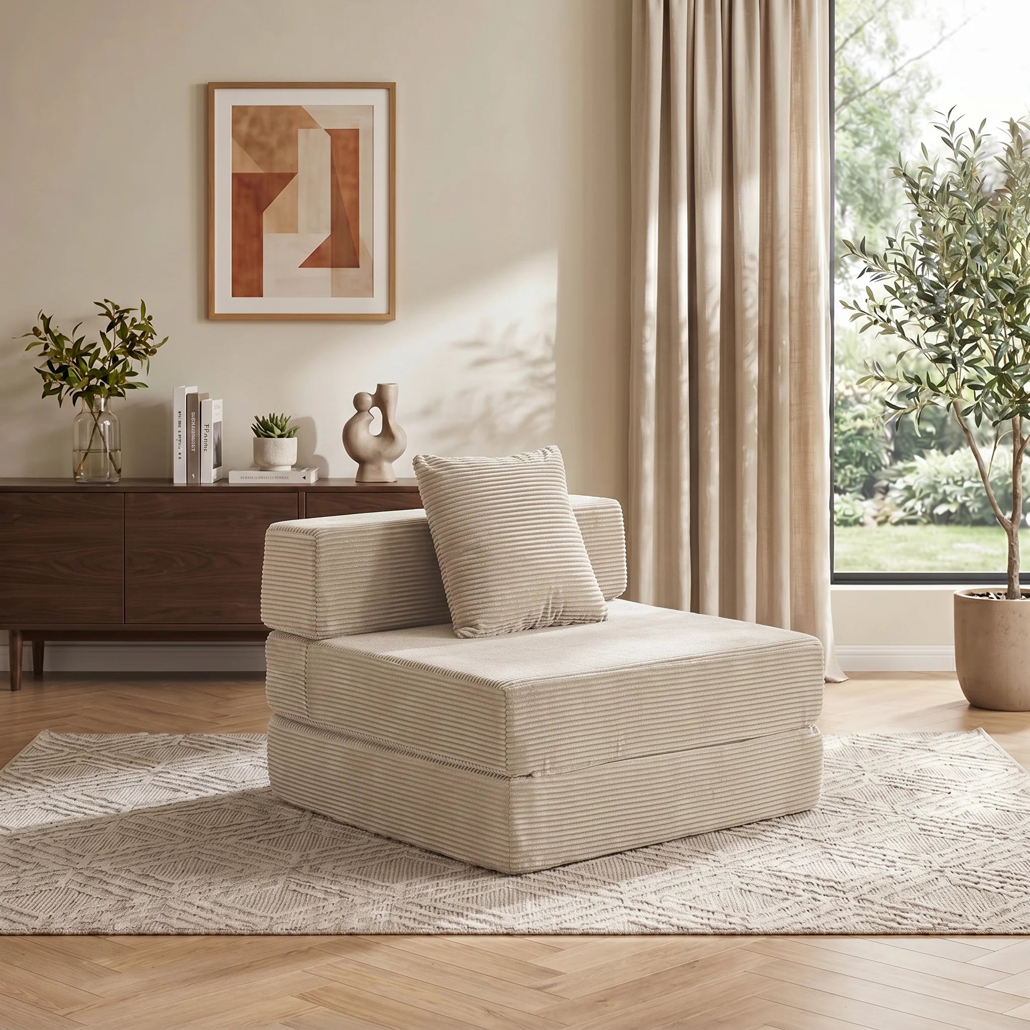 Single-seat sofa bed in light gray ribbed fabric, low seat with square back pillow