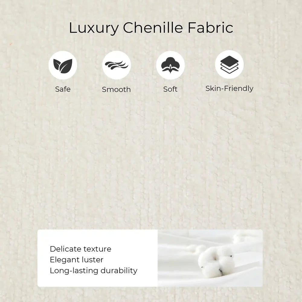 Chenille fabric swatch with smooth, soft, safe, and skin-friendly icons