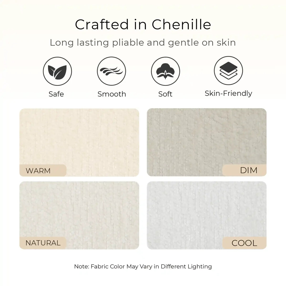 Chenille fabric texture swatches showing warm, natural, and cool color tones