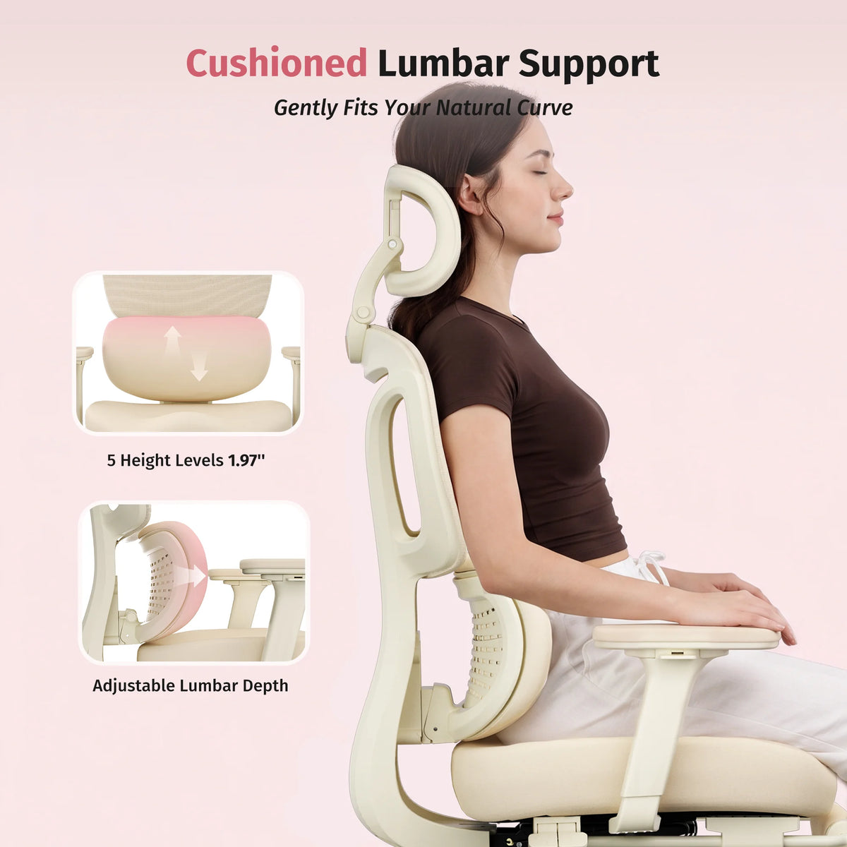 Cream ergonomic office chair with cushioned lumbar support and adjustable backrest