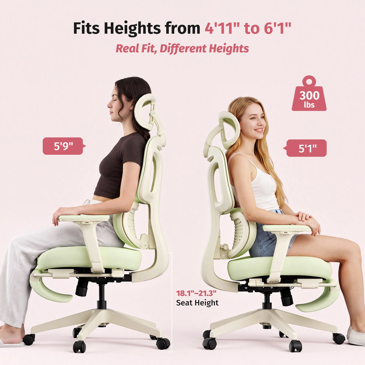 Green ergonomic office chair with adjustable headrest and recline support; two user views