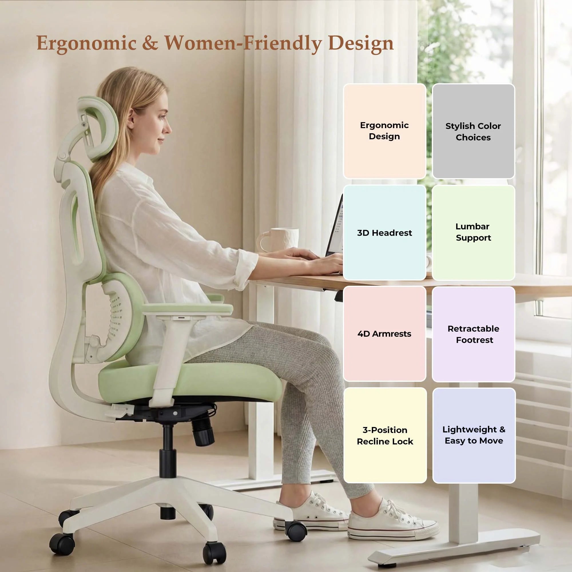 Light green office chair with adjustable headrest, lumbar support, and retractable footrest.