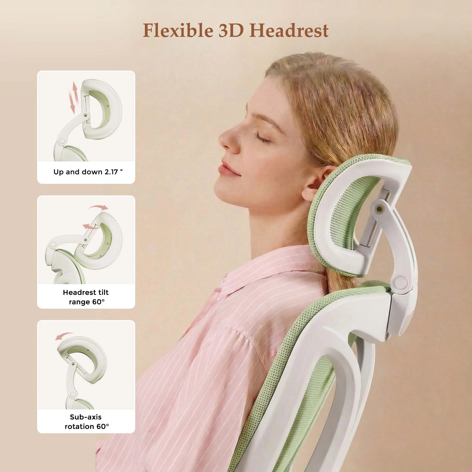Adjustable 3D light green headrest office chair with tilting and rotating design.