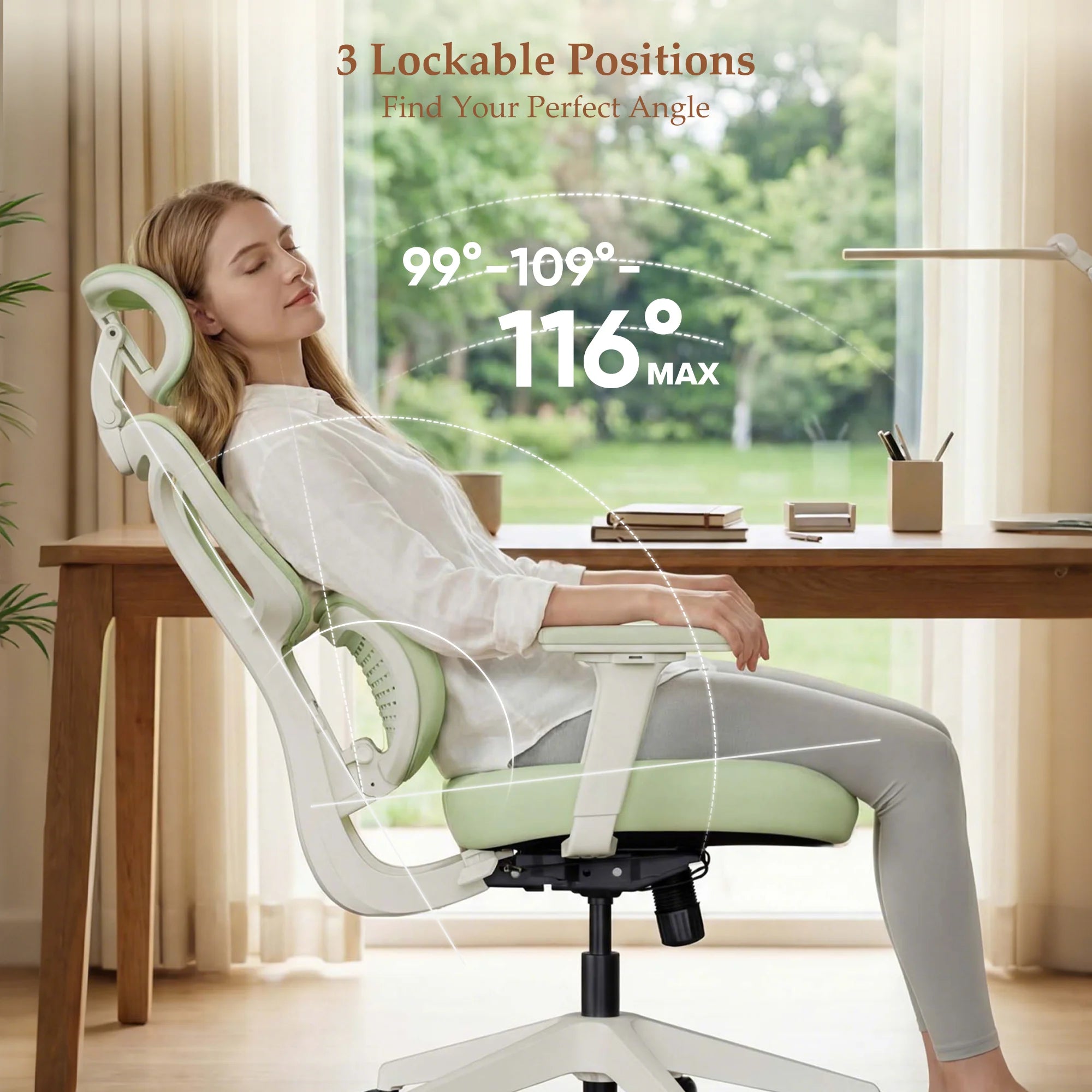 Light green office chair with adjustable back recline and lock positions, white frame base.