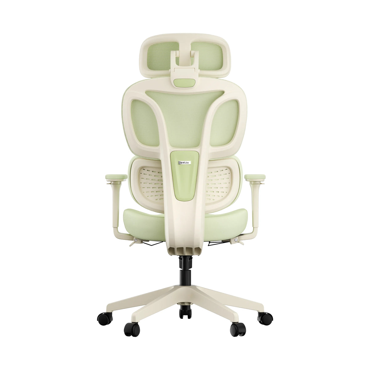 Ergonomic office chair in light green with ventilated lumbar back and padded headrest