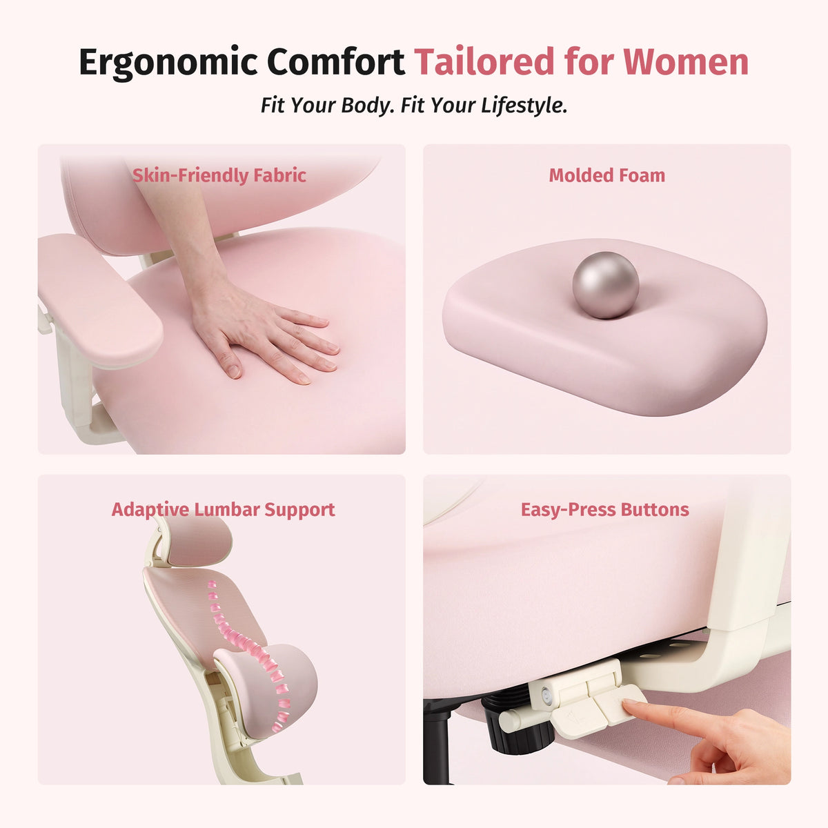 Ergonomic office chair with cushioned seat and adaptive lumbar support detail