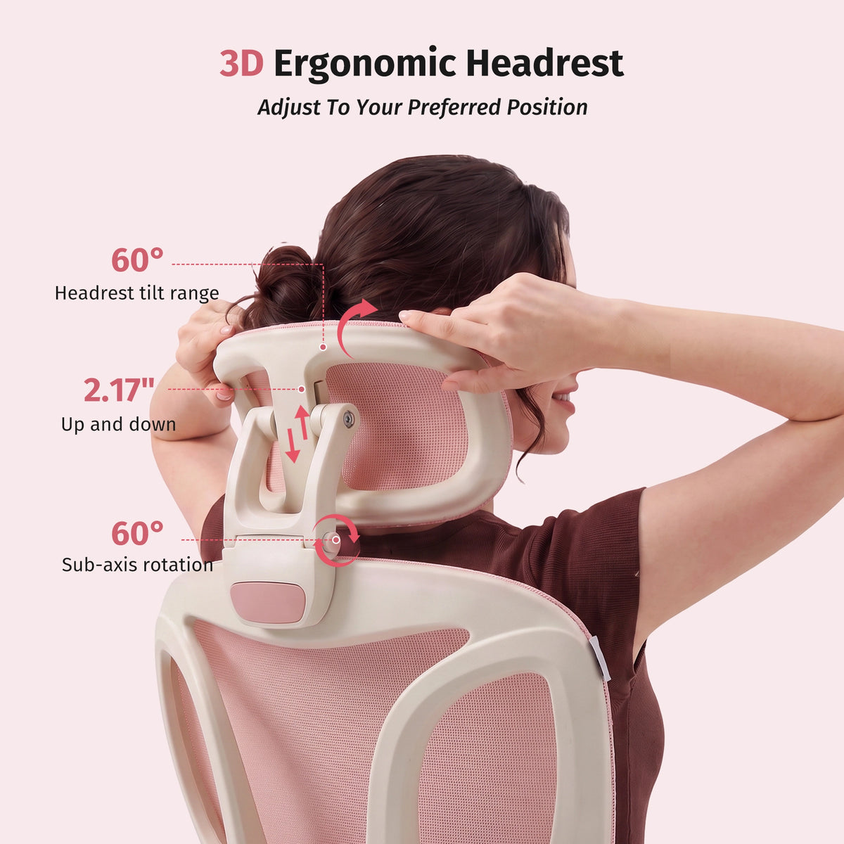 Ergonomic office chair headrest and mesh back, cream frame with pink accents