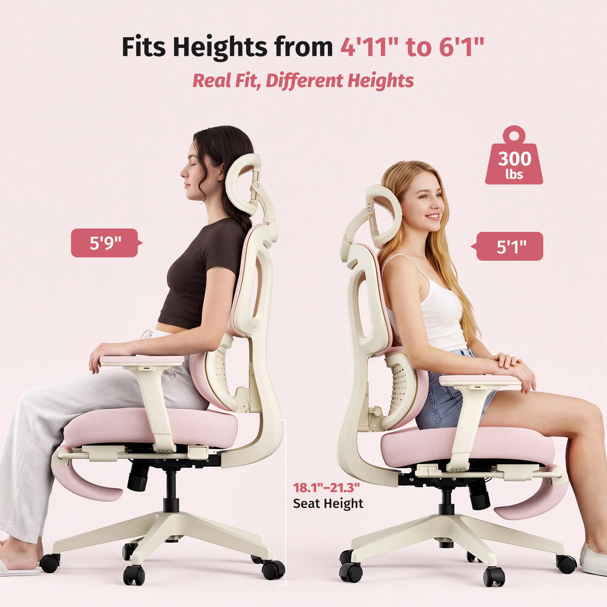 Ergonomic office chair with cream frame and pink seat/back, side view