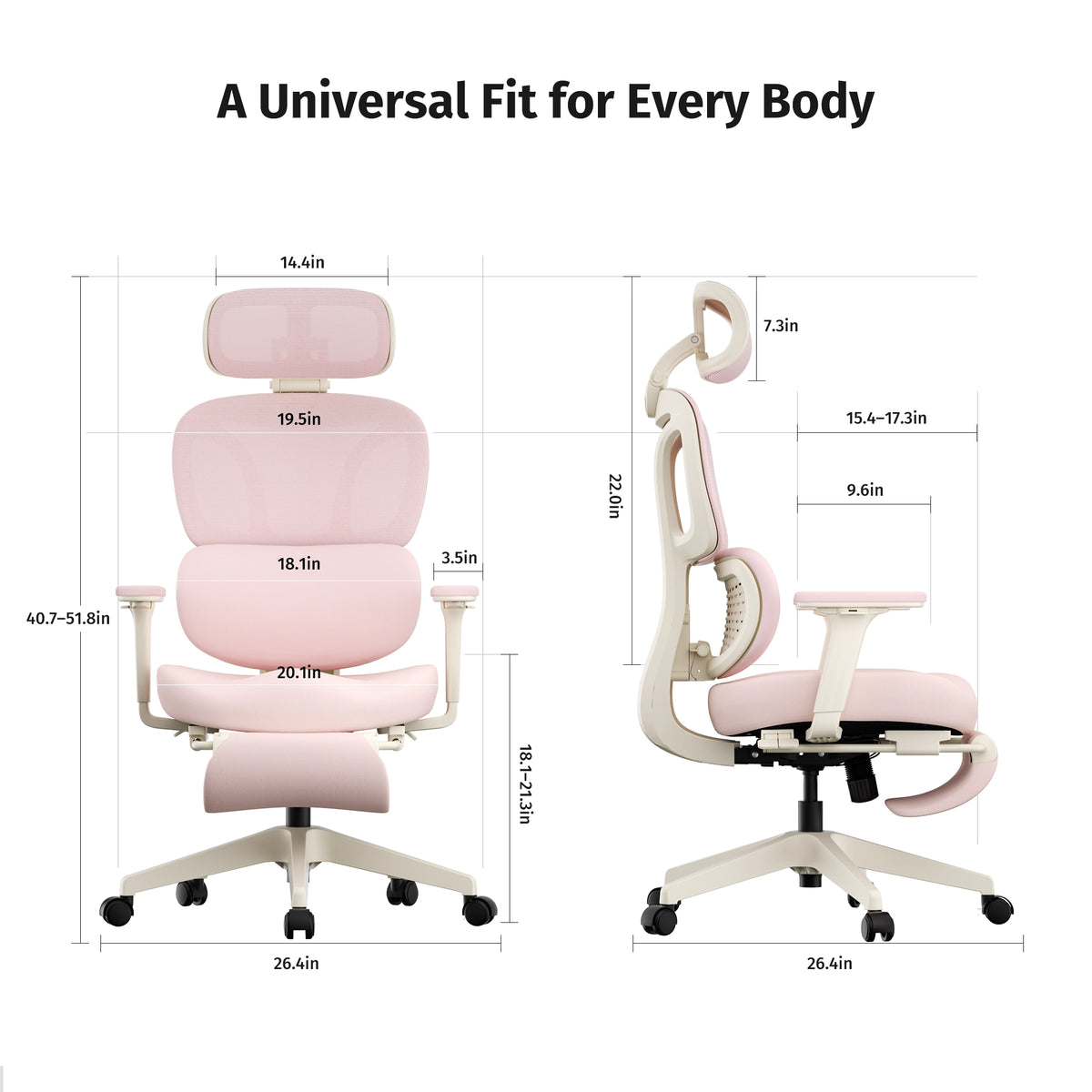 Ergonomic office chair with headrest and cushioned seat, shown with height and size diagrams