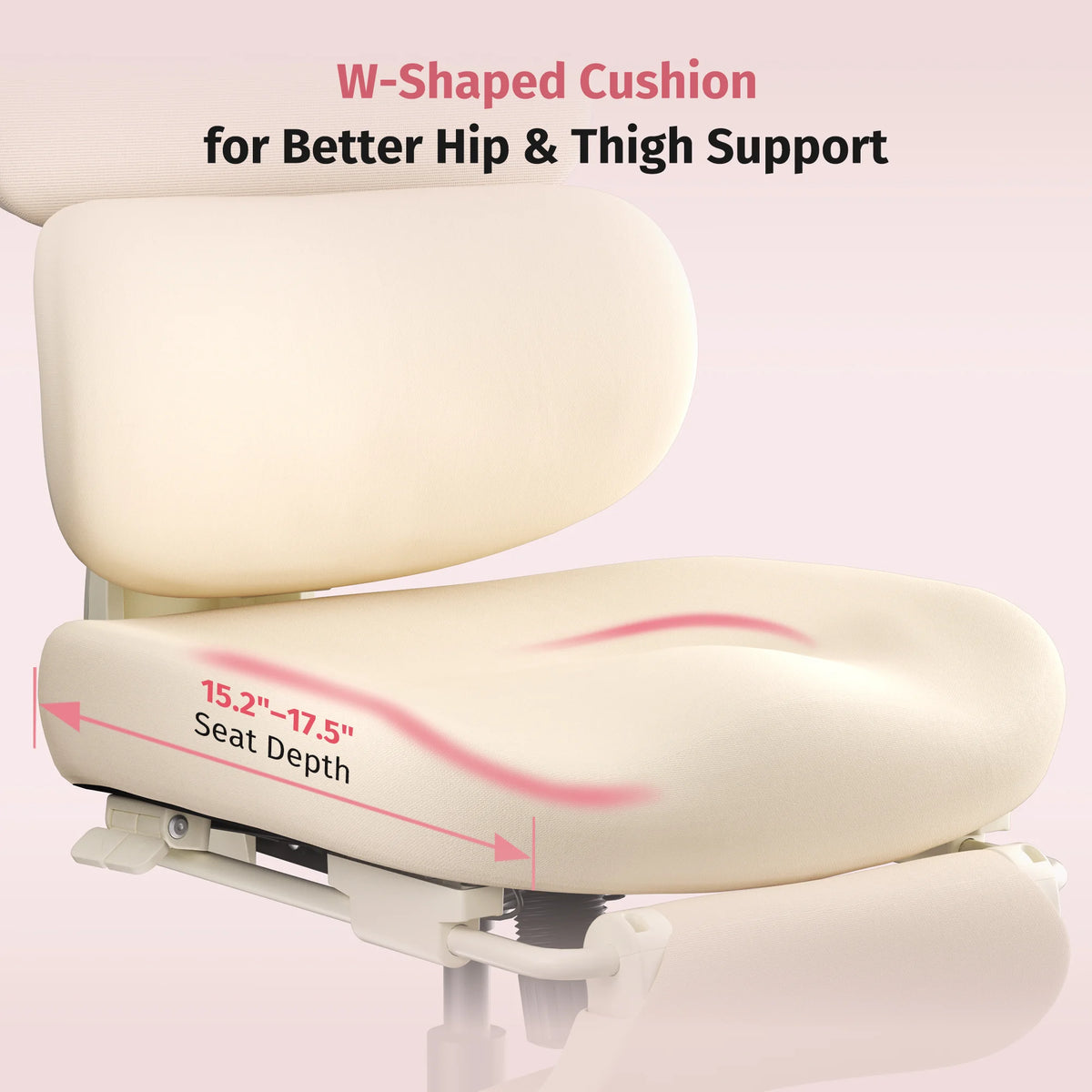 Cream W-shaped office chair cushion with seat depth measurement